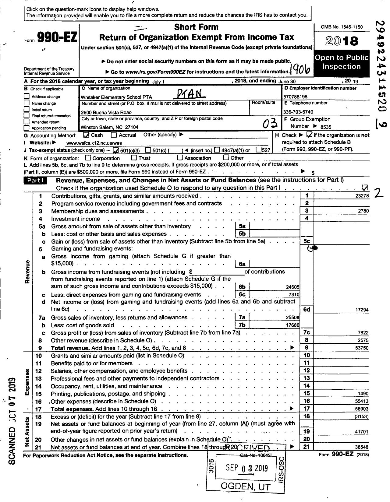 Image of first page of 2018 Form 990EZ for North Carolina PTA - Whitaker Elementary School PTA