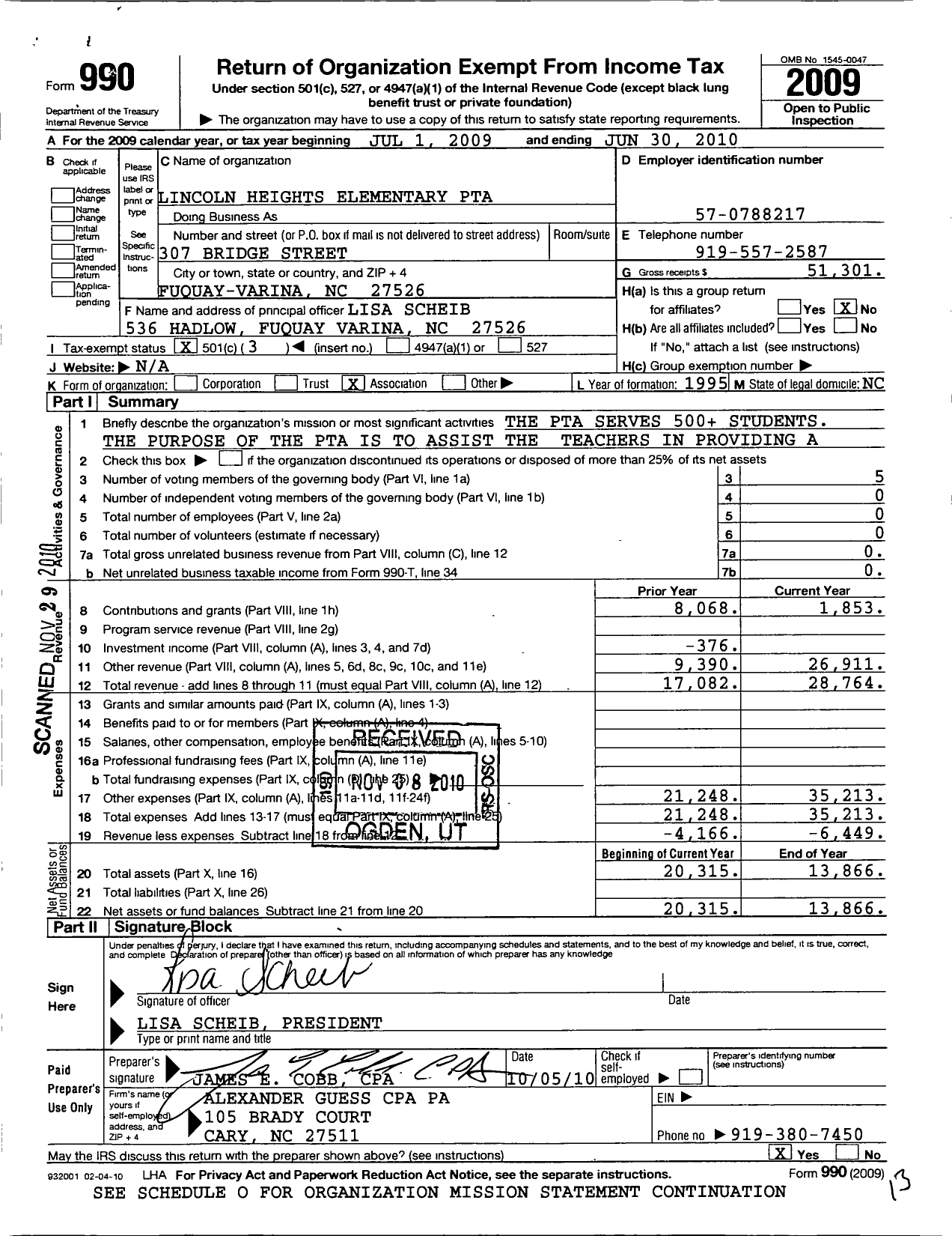 Image of first page of 2009 Form 990 for North Carolina PTA - Lincoln Heights GT School PTA