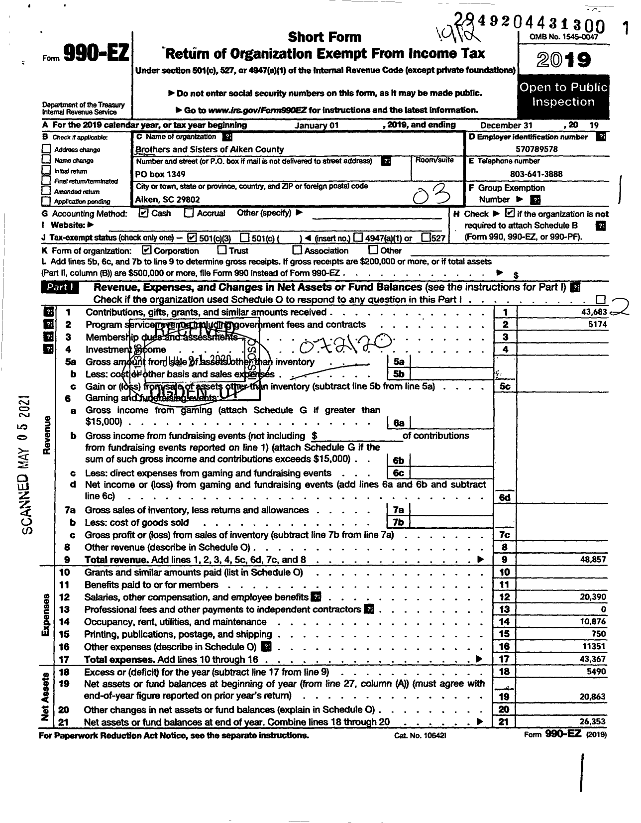 Image of first page of 2019 Form 990EZ for Brothers and Sisters of Aiken County