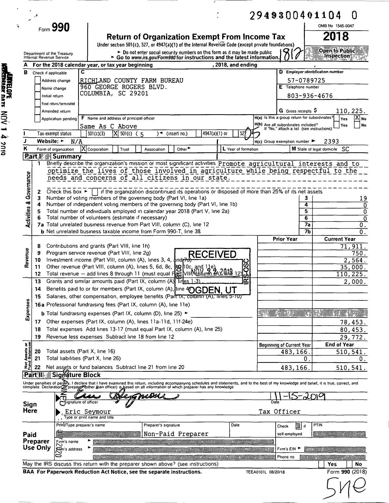 Image of first page of 2018 Form 990O for Richland County Farm Bureau