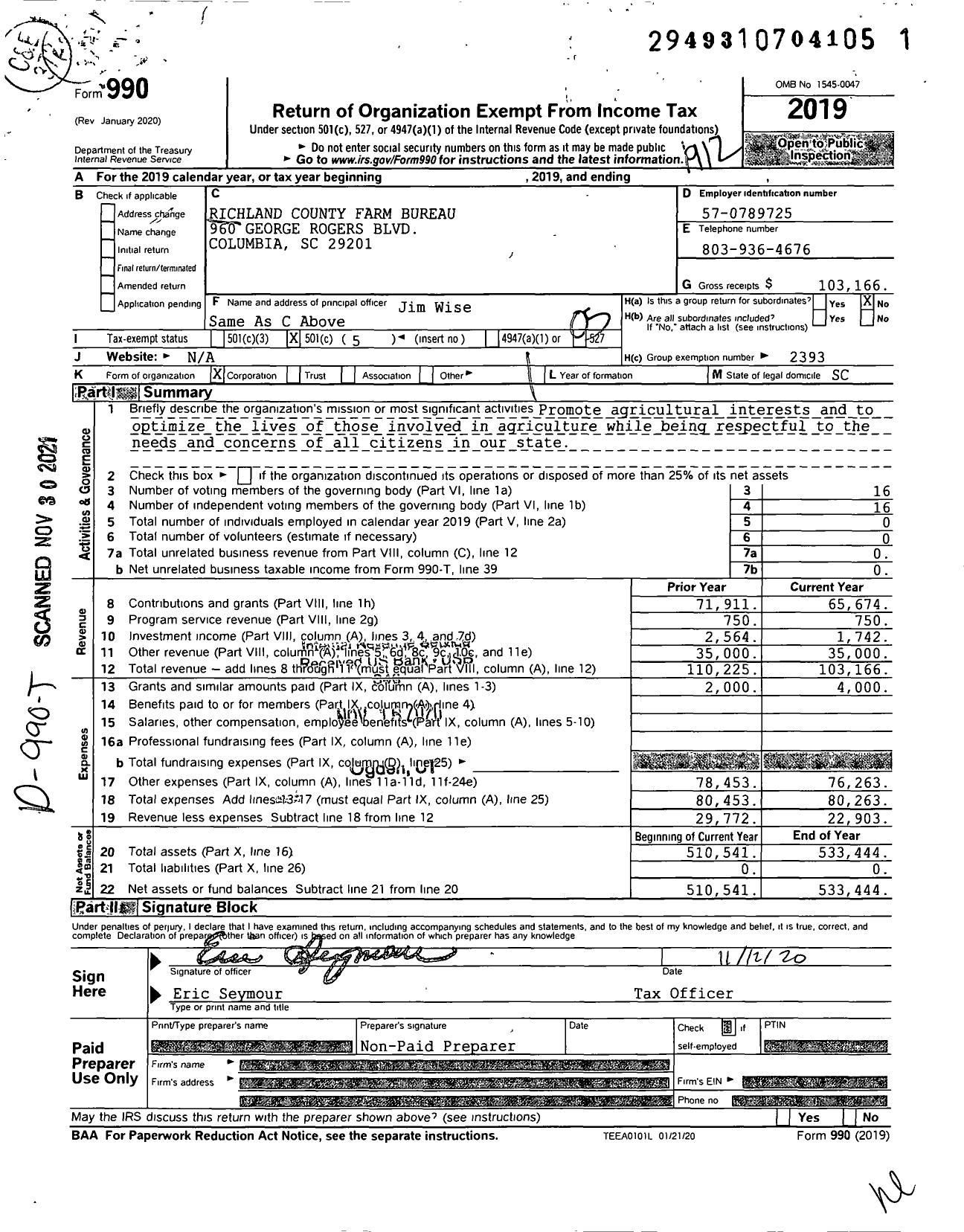 Image of first page of 2019 Form 990O for Richland County Farm Bureau