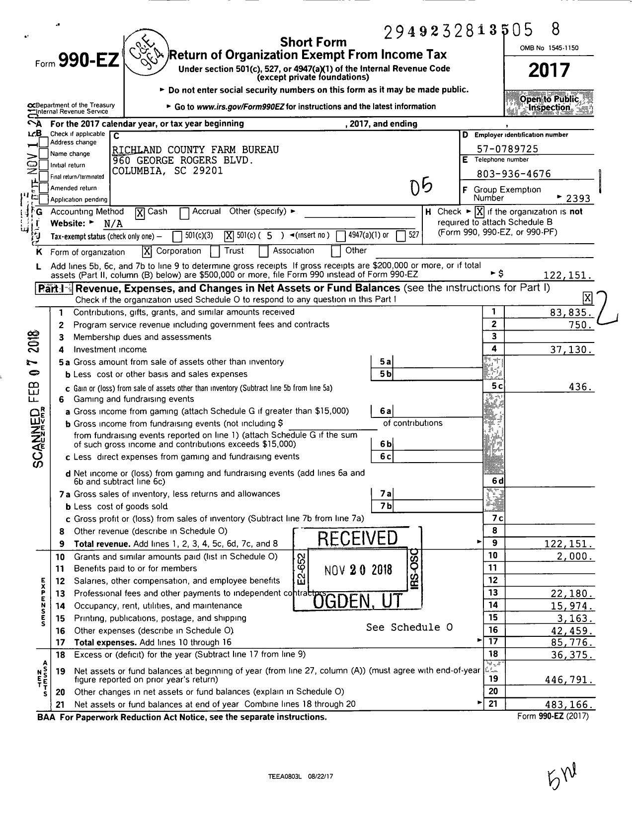 Image of first page of 2017 Form 990EO for Richland County Farm Bureau