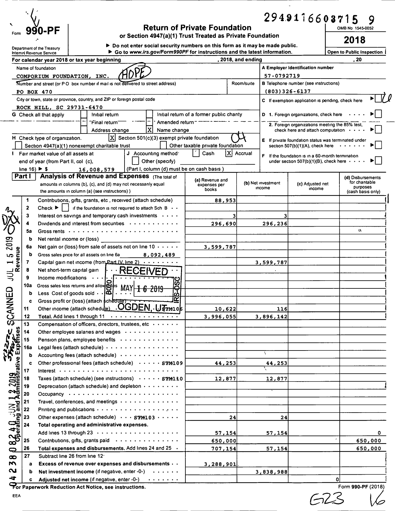 Image of first page of 2018 Form 990PF for Comporium Foundation