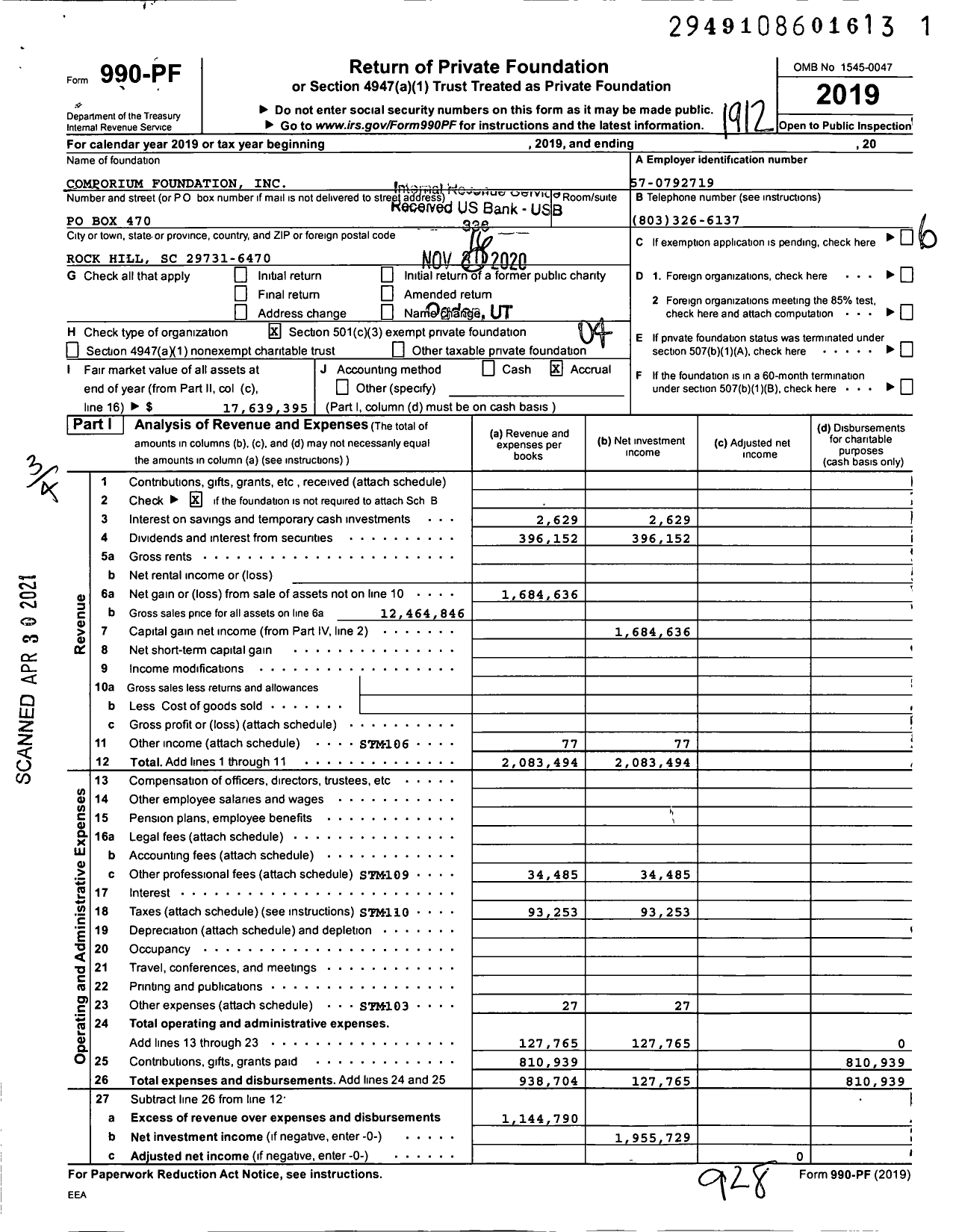 Image of first page of 2019 Form 990PF for Comporium Foundation