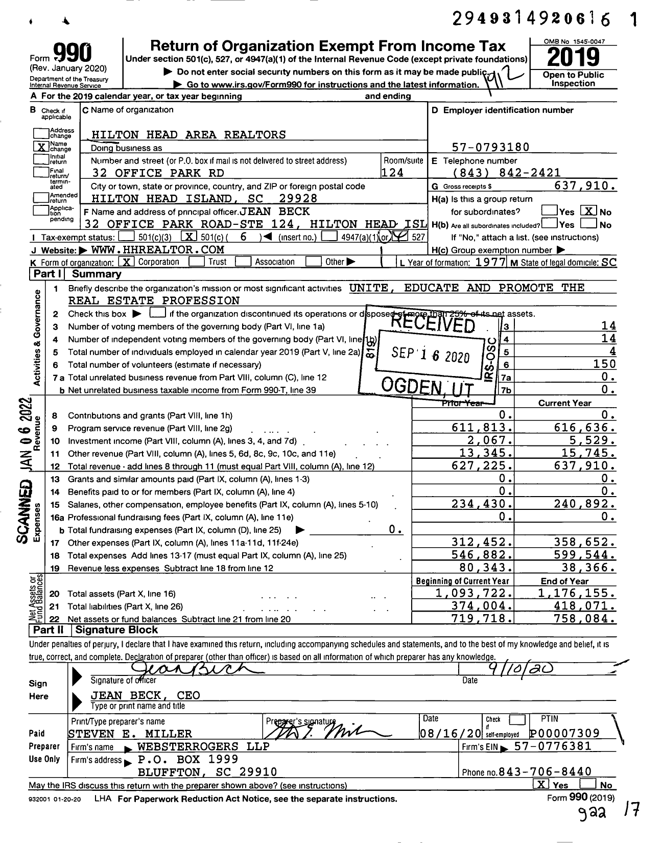 Image of first page of 2019 Form 990O for Hilton Head Area Realtors