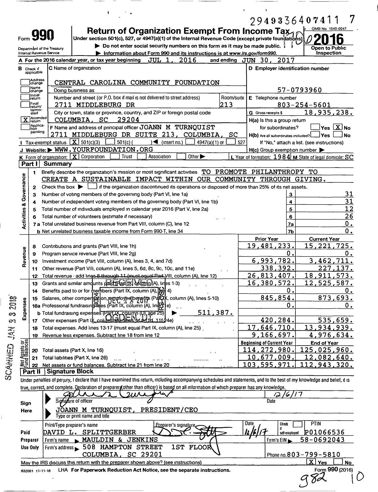 Image of first page of 2016 Form 990 for Central Carolina Community Foundation