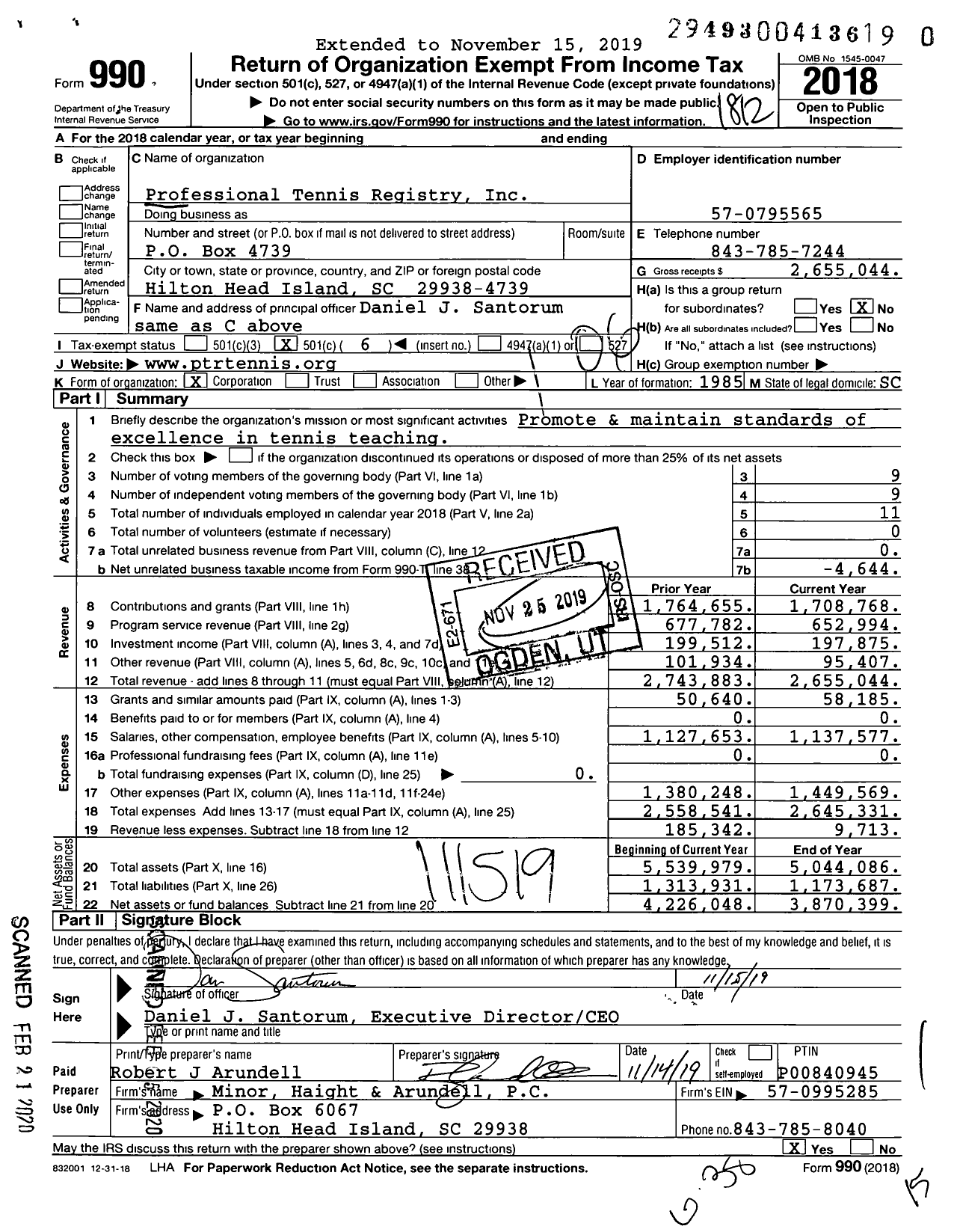 Image of first page of 2018 Form 990O for Professional Tennis Registry (PTR)