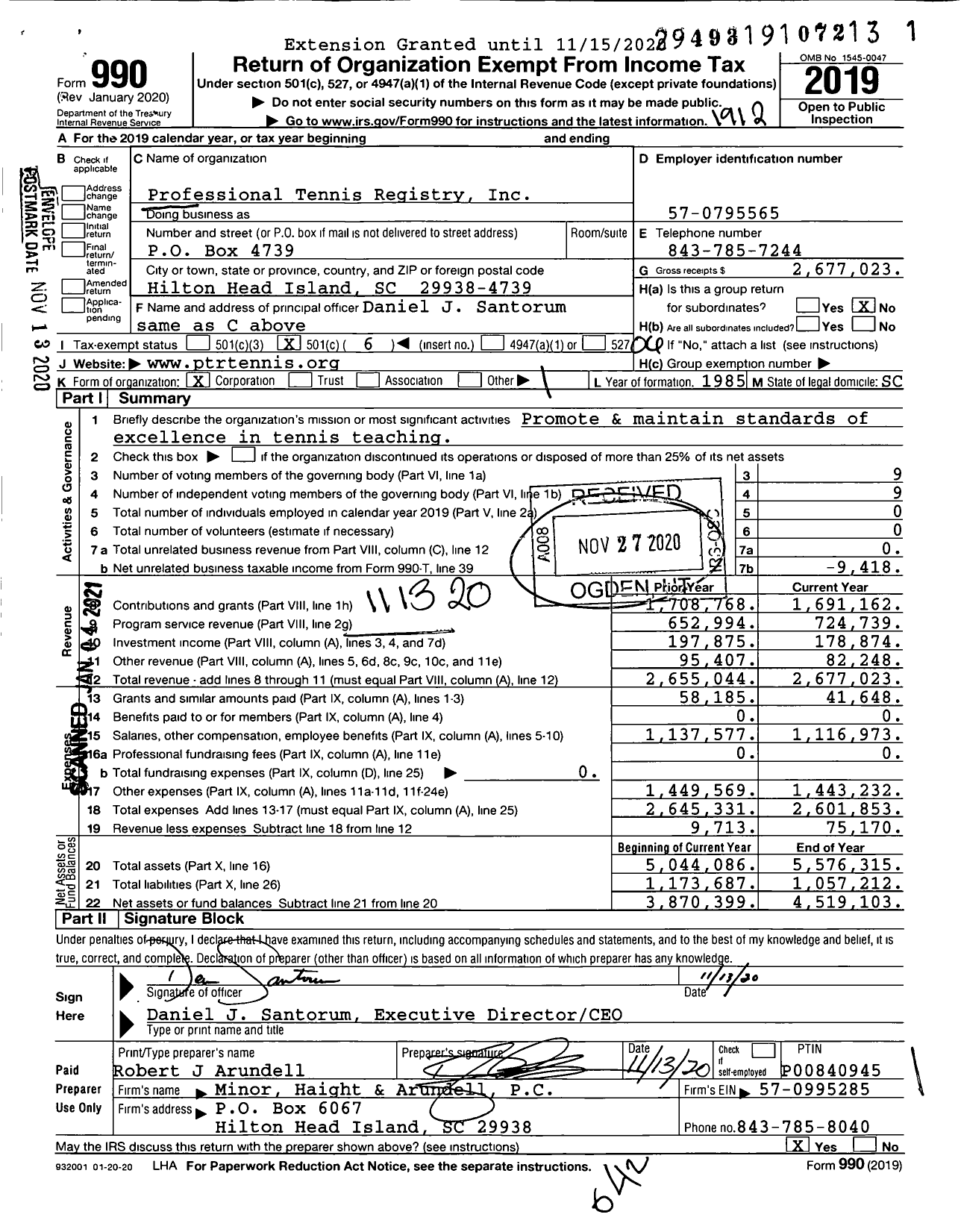 Image of first page of 2019 Form 990O for Professional Tennis Registry (PTR)