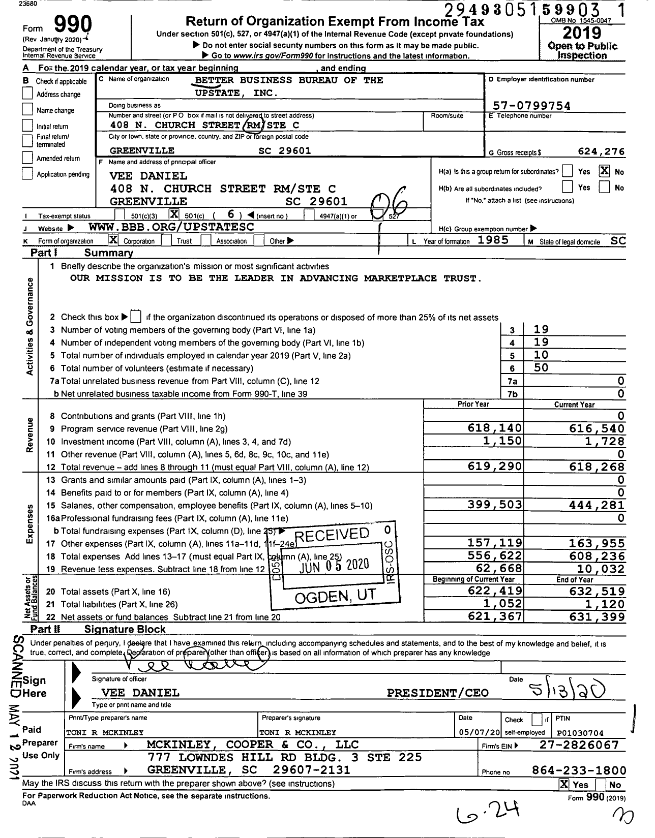 Image of first page of 2019 Form 990O for Better Business Bureau of the Upstate