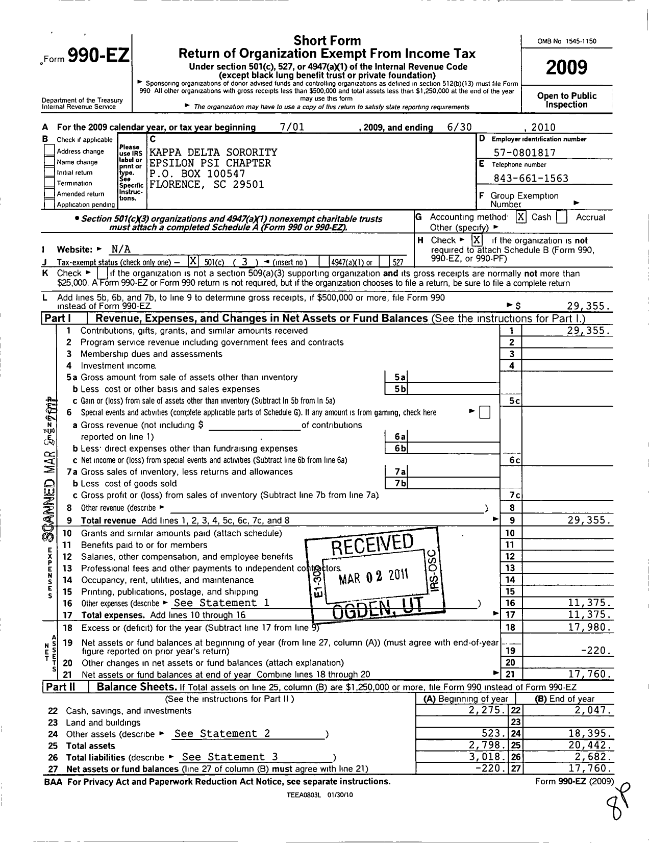 Image of first page of 2009 Form 990EZ for Kappa Delta Sorority - Epsilon Psi