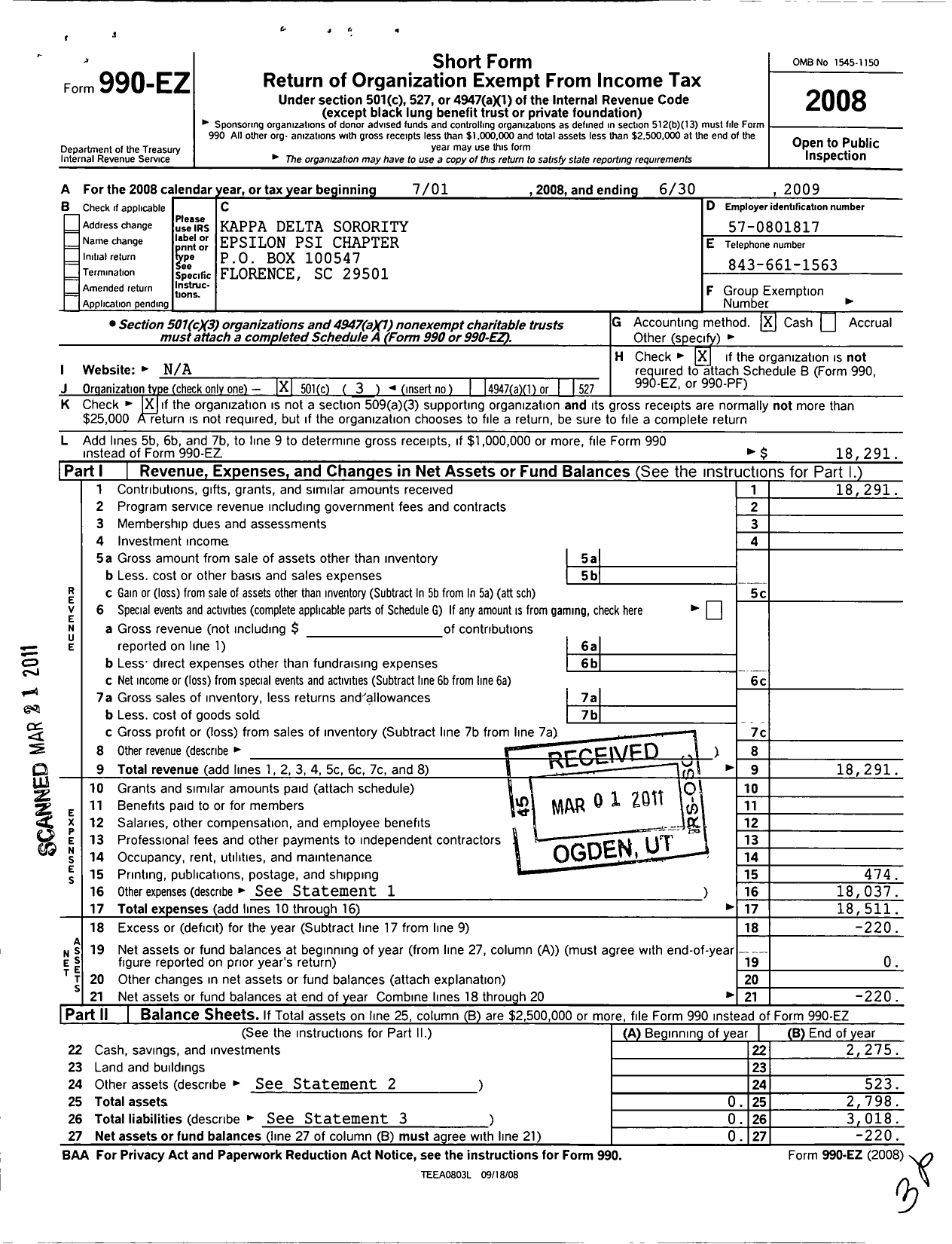 Image of first page of 2008 Form 990EZ for Kappa Delta Sorority - Epsilon Psi