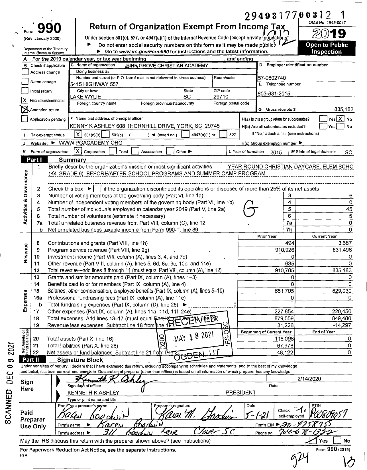 Image of first page of 2019 Form 990 for Pine Grove Christian Academy