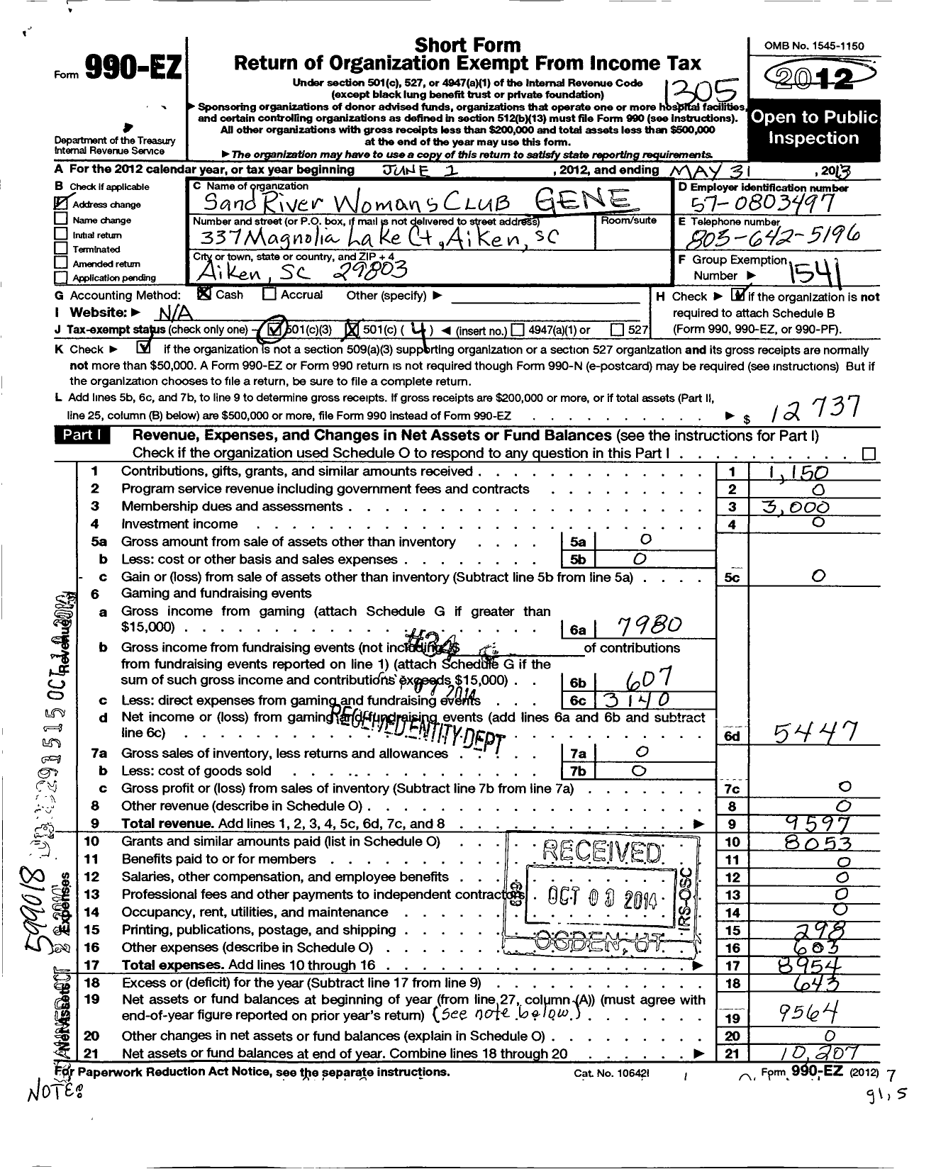 Image of first page of 2012 Form 990EO for General Federation of Womens Clubs of South Carolina / Sand River Womans Club