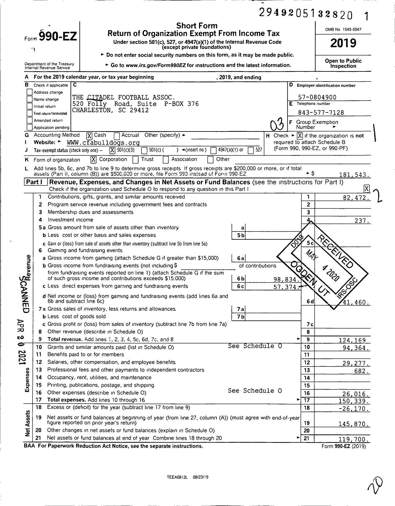 Image of first page of 2019 Form 990EZ for The Citadel Football Association