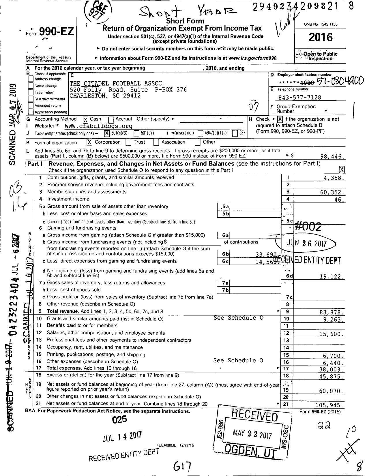 Image of first page of 2016 Form 990EZ for The Citadel Football Association