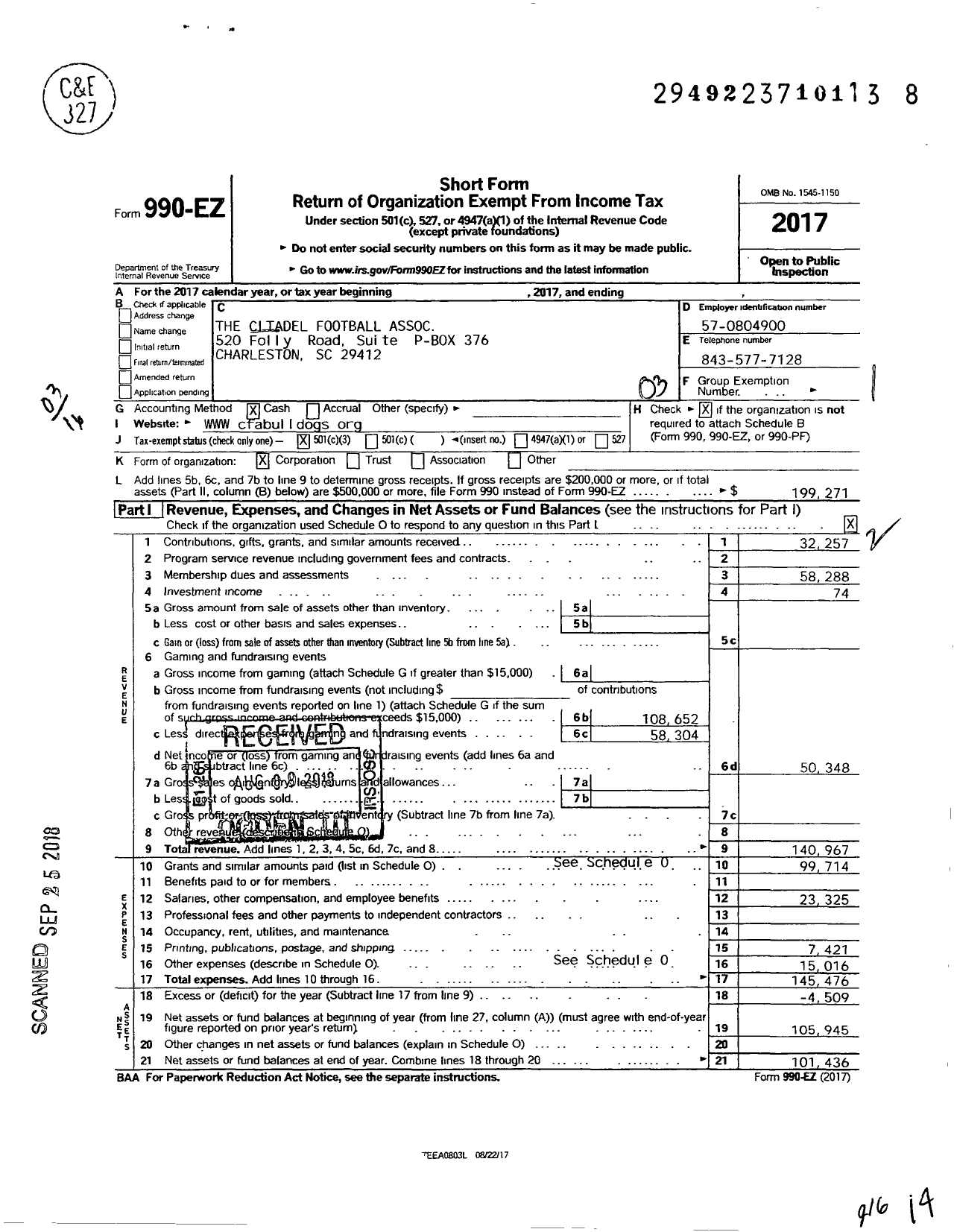 Image of first page of 2017 Form 990EZ for The Citadel Football Association