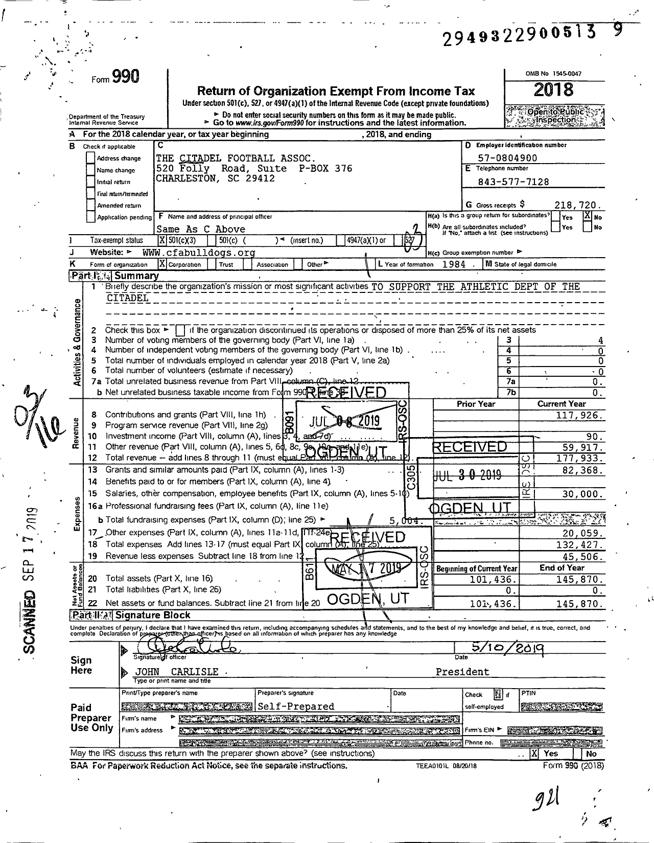 Image of first page of 2018 Form 990 for The Citadel Football Association