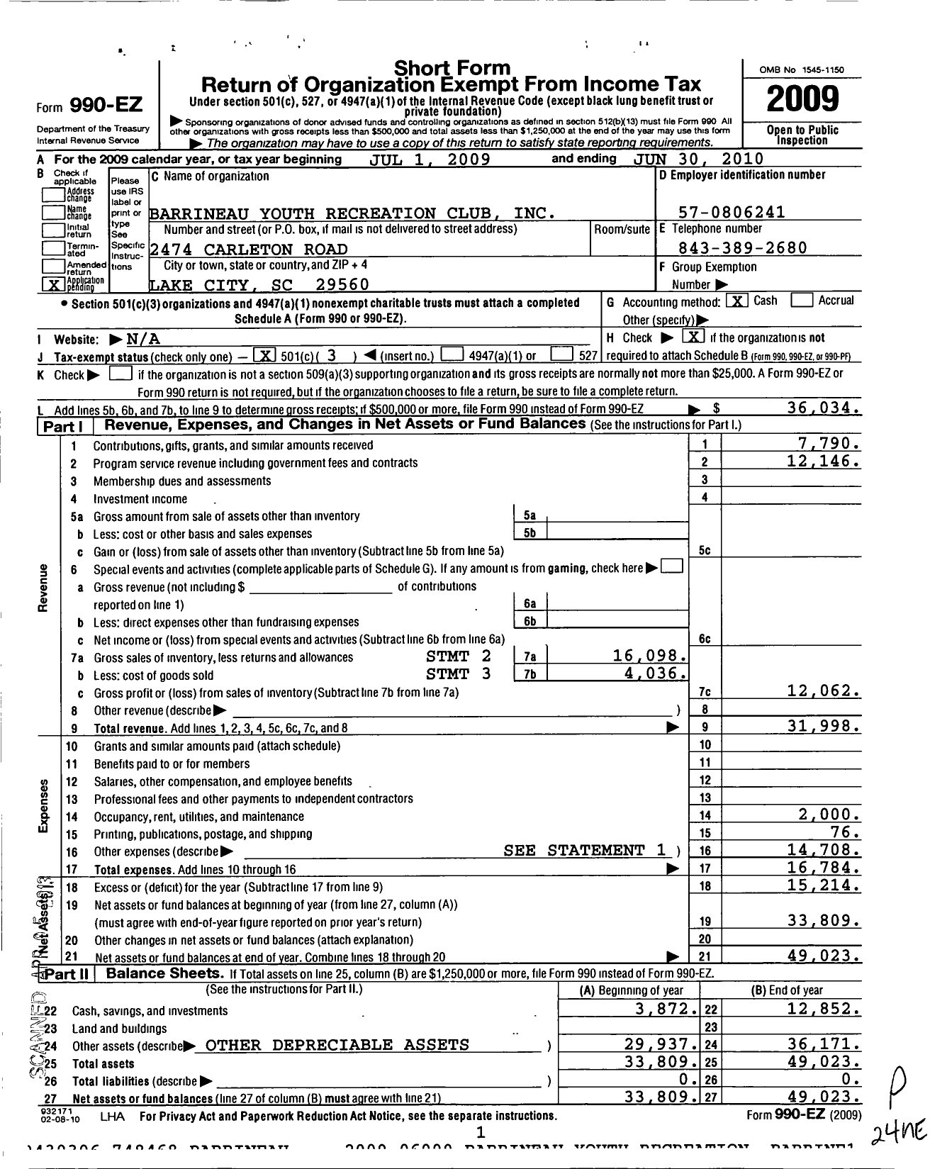 Image of first page of 2009 Form 990EZ for Barrineau Youth Recreation Club