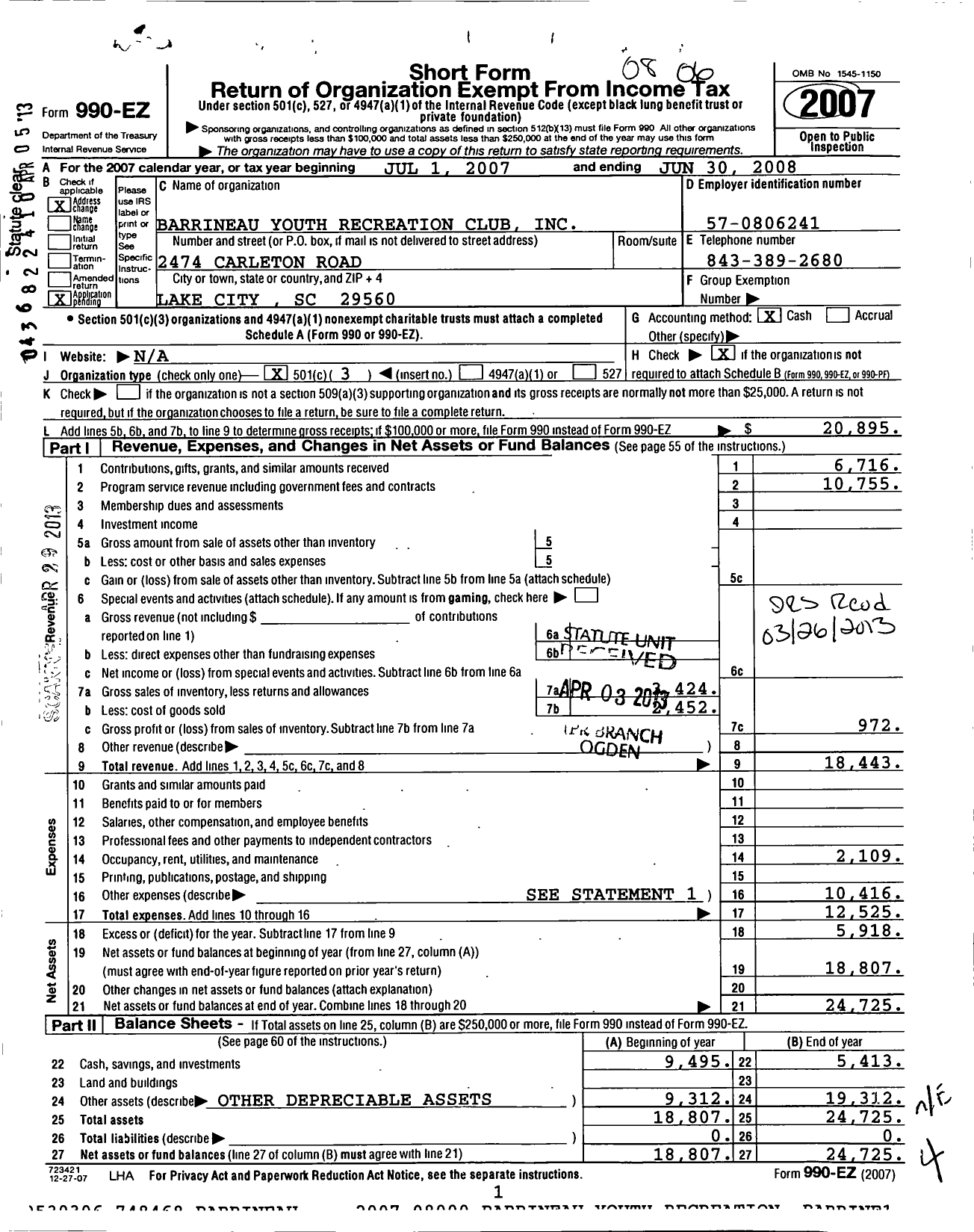 Image of first page of 2007 Form 990EZ for Barrineau Youth Recreation Club