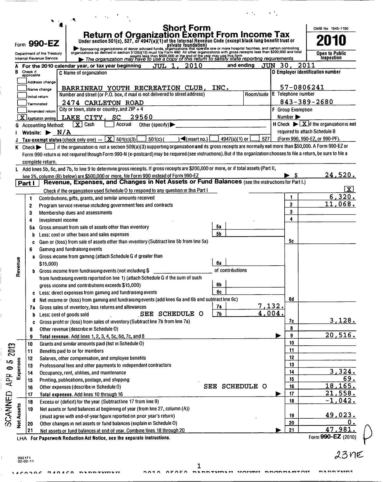 Image of first page of 2010 Form 990EZ for Barrineau Youth Recreation Club