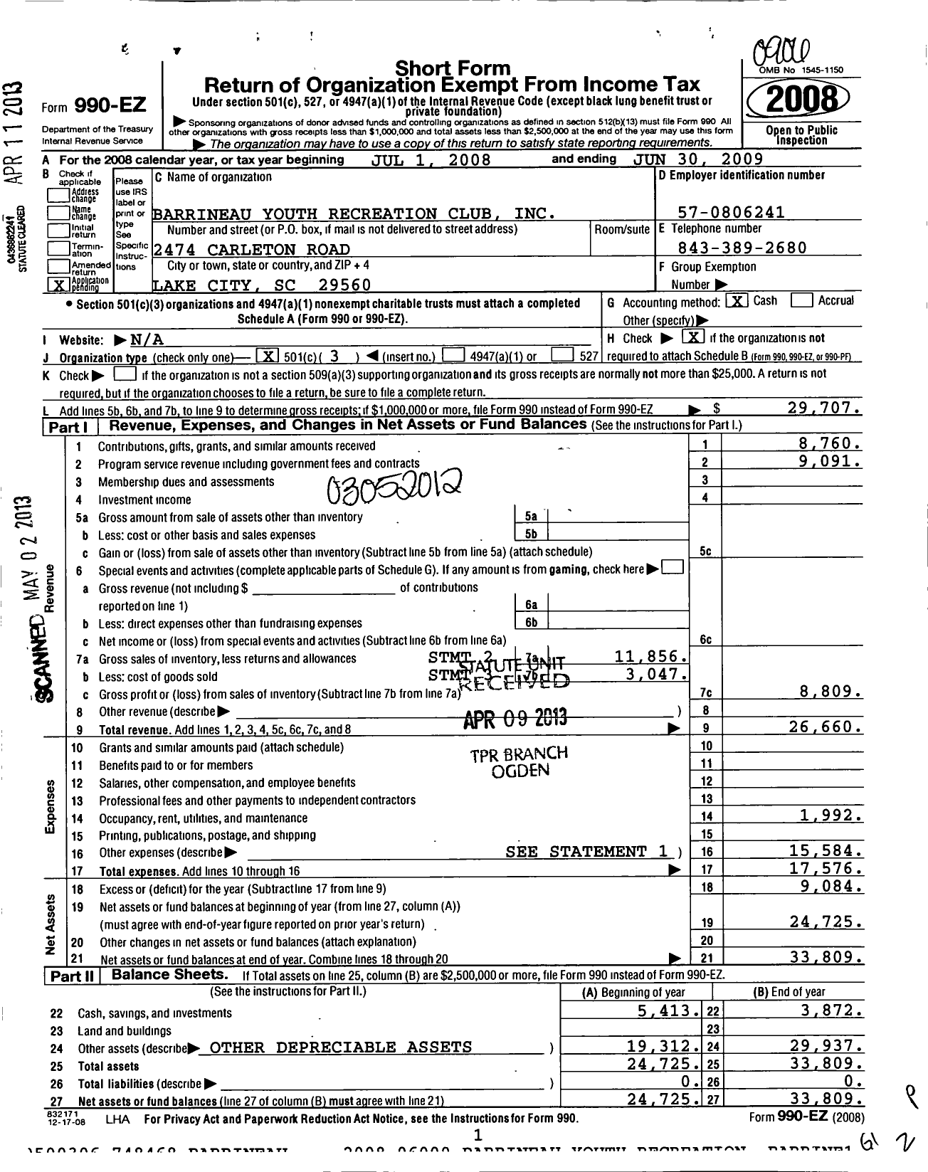 Image of first page of 2008 Form 990EZ for Barrineau Youth Recreation Club