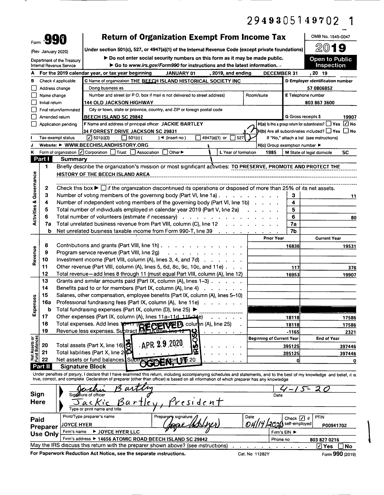 Image of first page of 2019 Form 990 for The Beech Island Historical Society