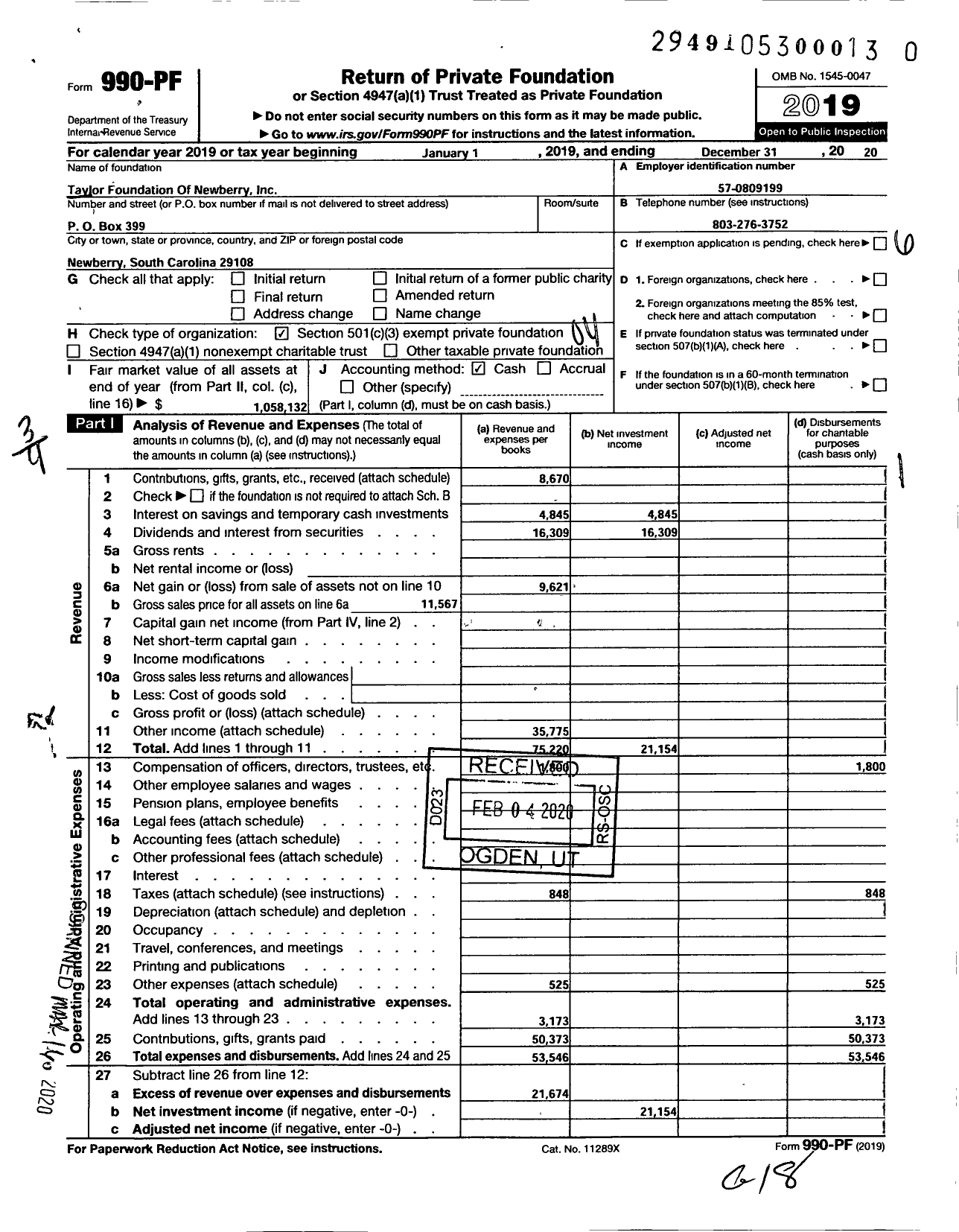 Image of first page of 2020 Form 990PR for Taylor Foundation of Newberry