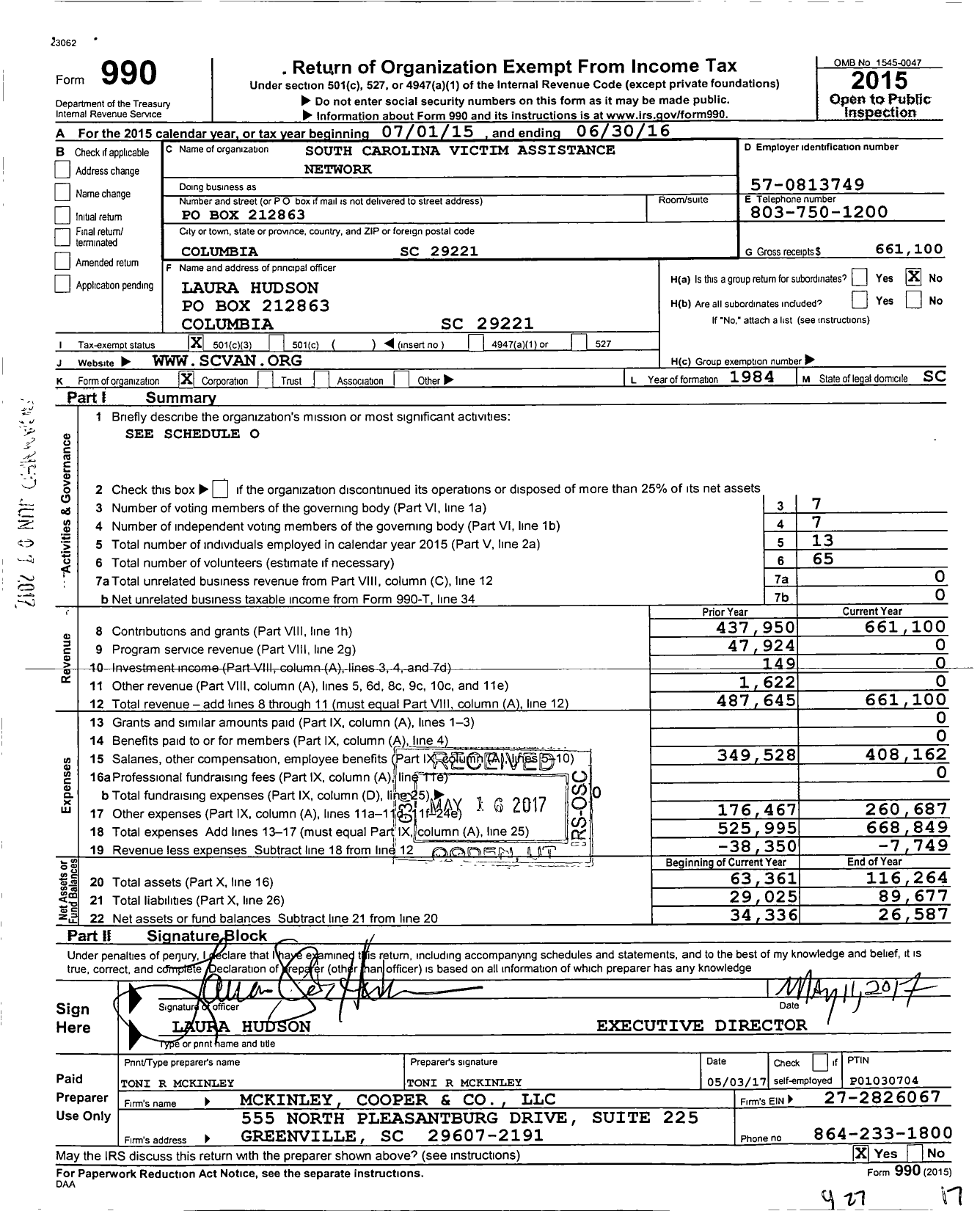 Image of first page of 2015 Form 990 for South Carolina Victim Assistance Network