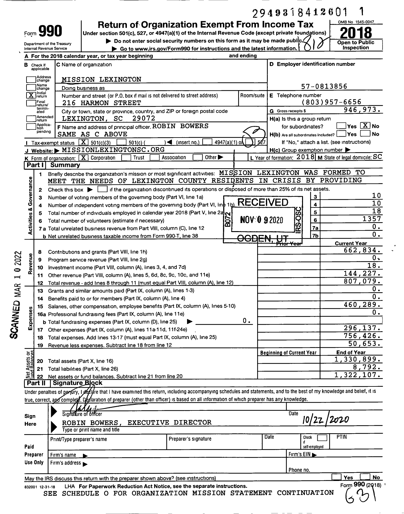 Image of first page of 2018 Form 990 for Mission Lexington