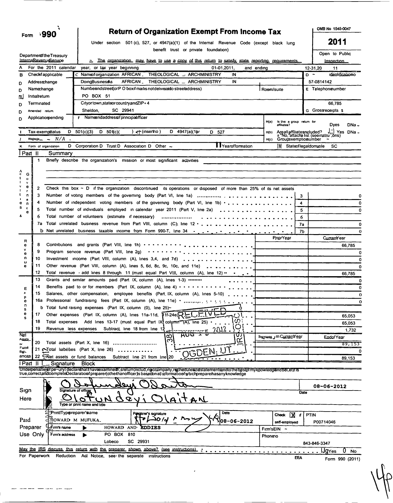 Image of first page of 2011 Form 990O for African Theological Archministry (ATA)