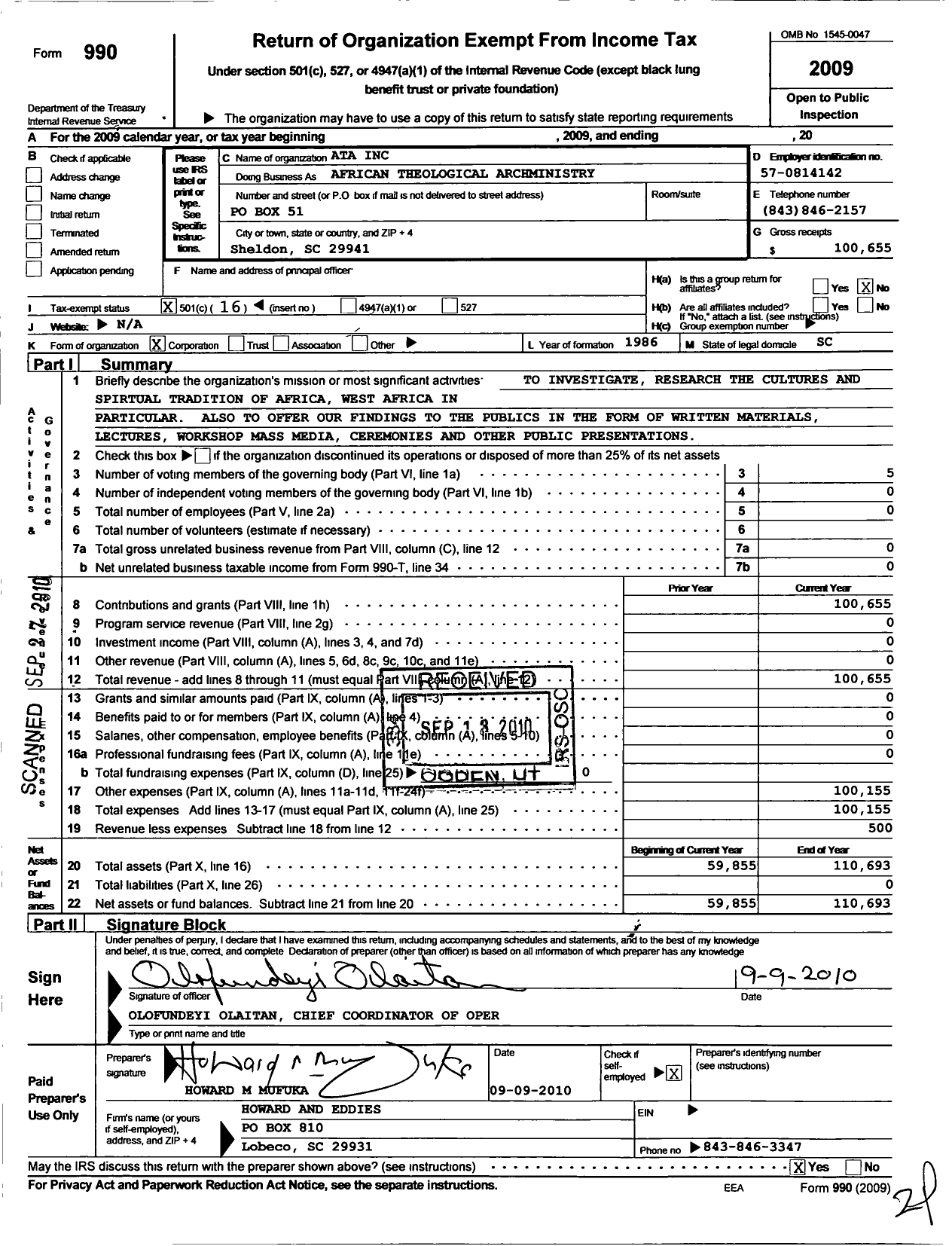 Image of first page of 2009 Form 990O for African Theological Archministry (ATA)