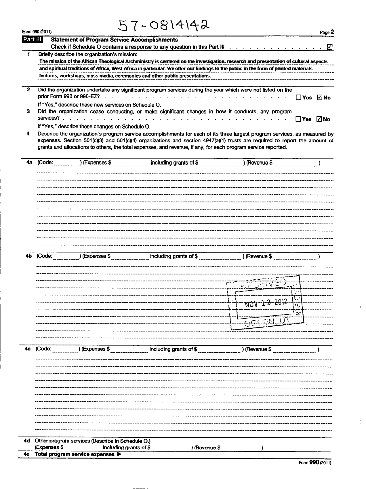 Image of first page of 2011 Form 990R for African Theological Archministry (ATA)