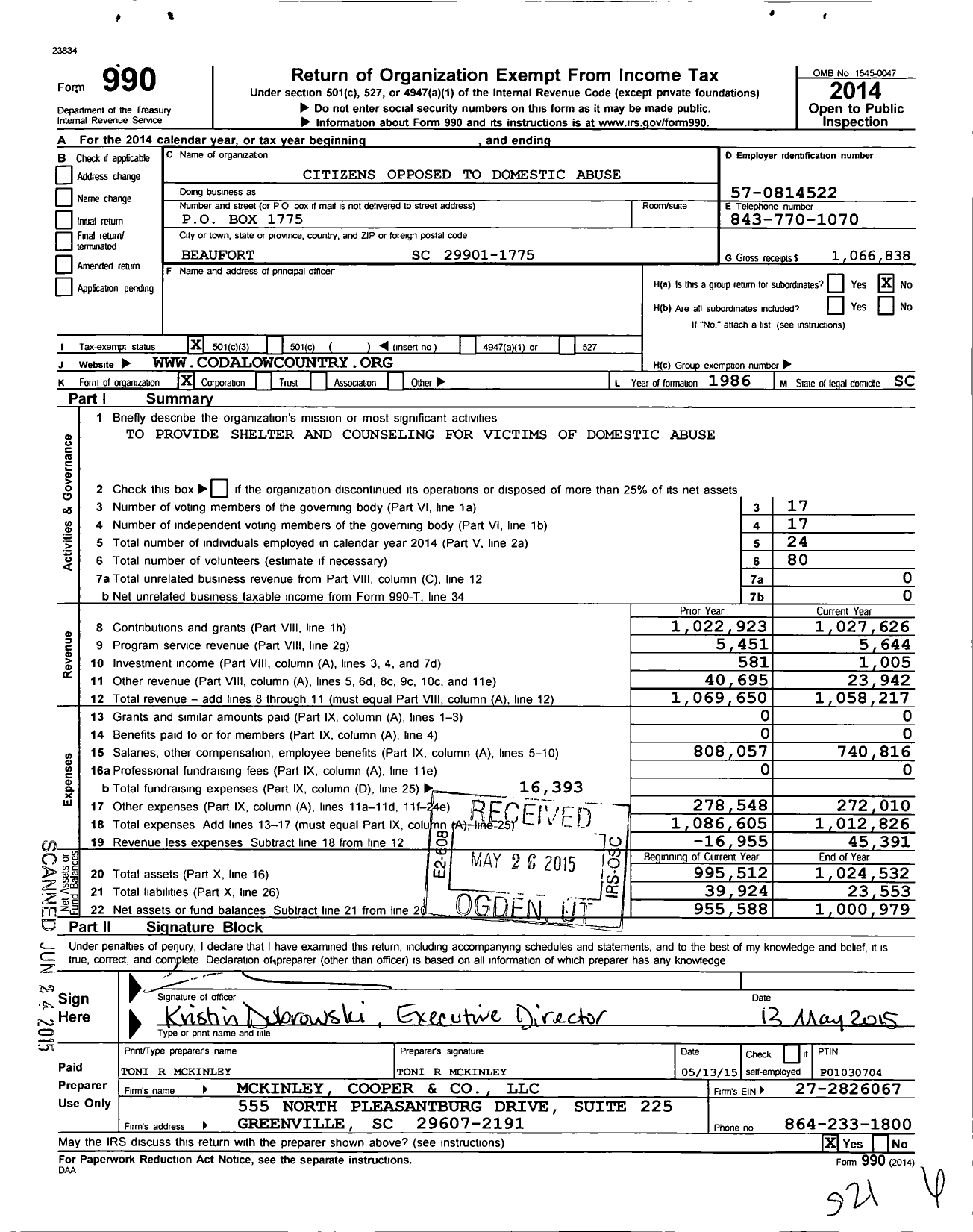 Image of first page of 2014 Form 990 for Citizens Opposed To Domestic Abuse