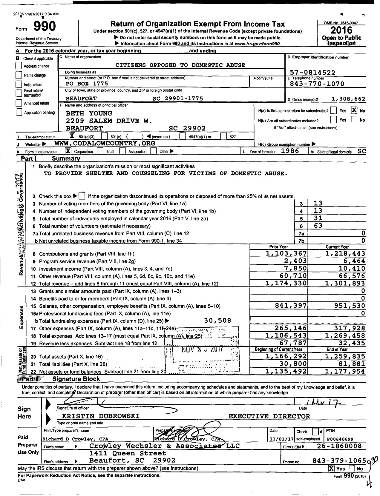 Image of first page of 2016 Form 990 for Citizens Opposed To Domestic Abuse