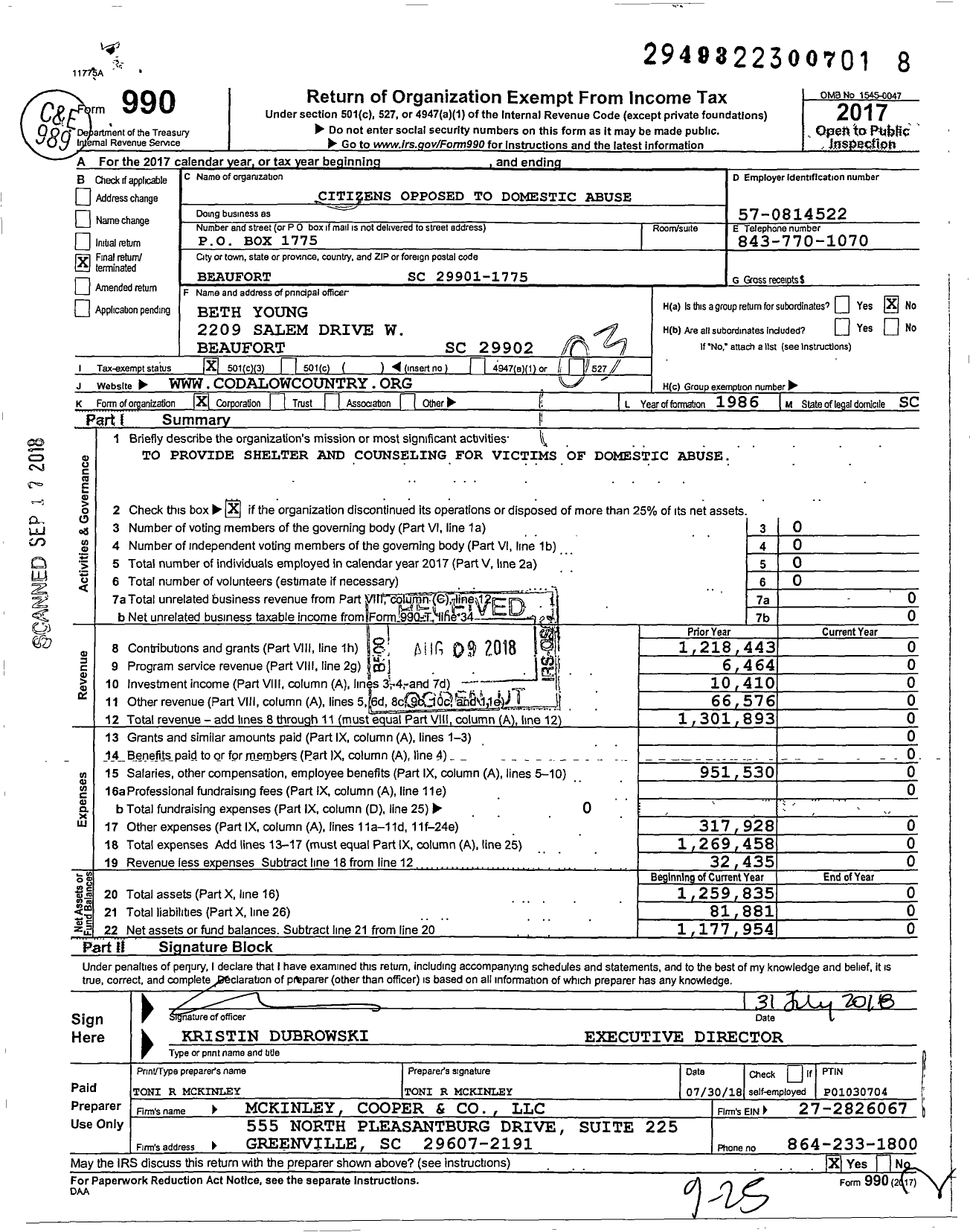 Image of first page of 2017 Form 990 for Citizens Opposed To Domestic Abuse