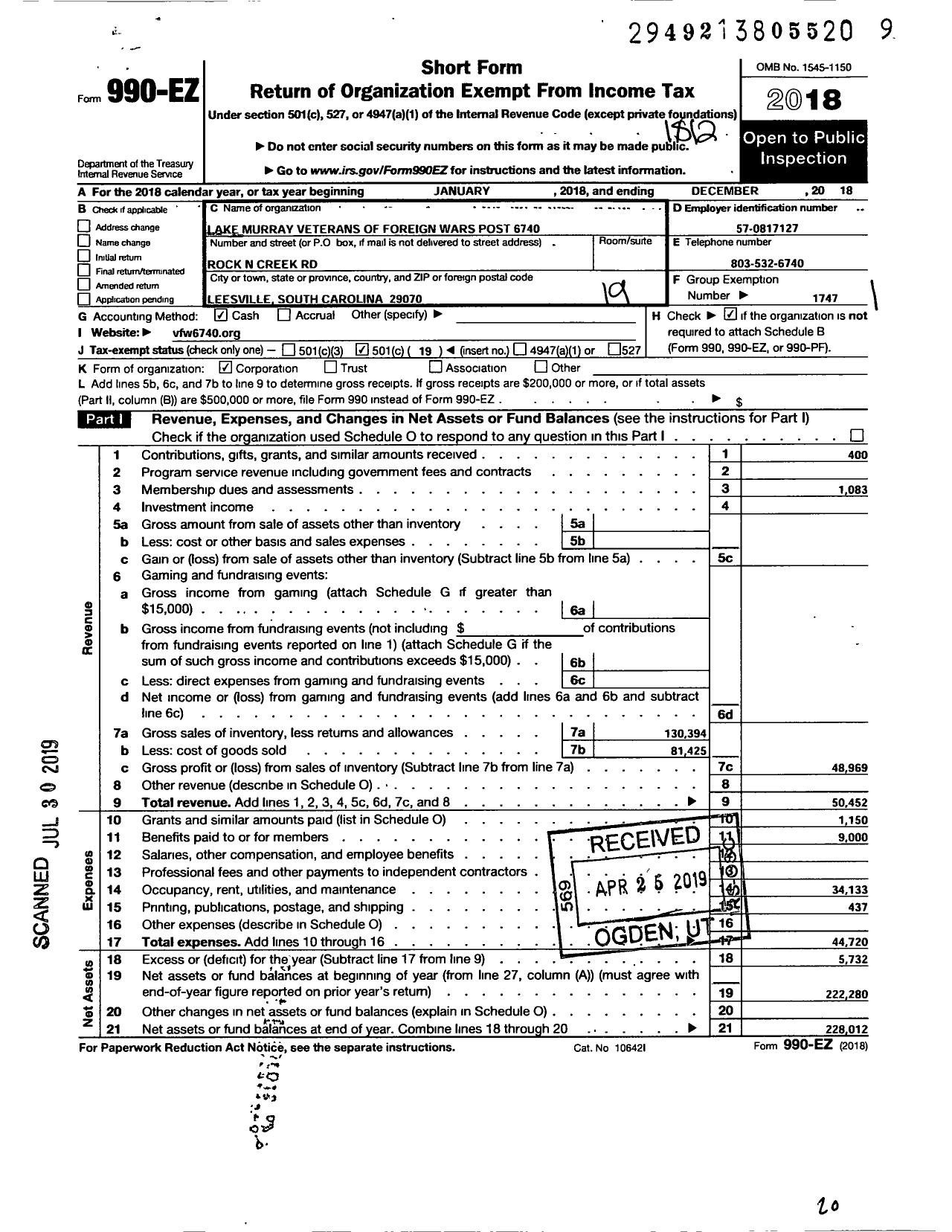 Image of first page of 2018 Form 990EO for Veterans of Foreign Wars Lake Murray Post 6740