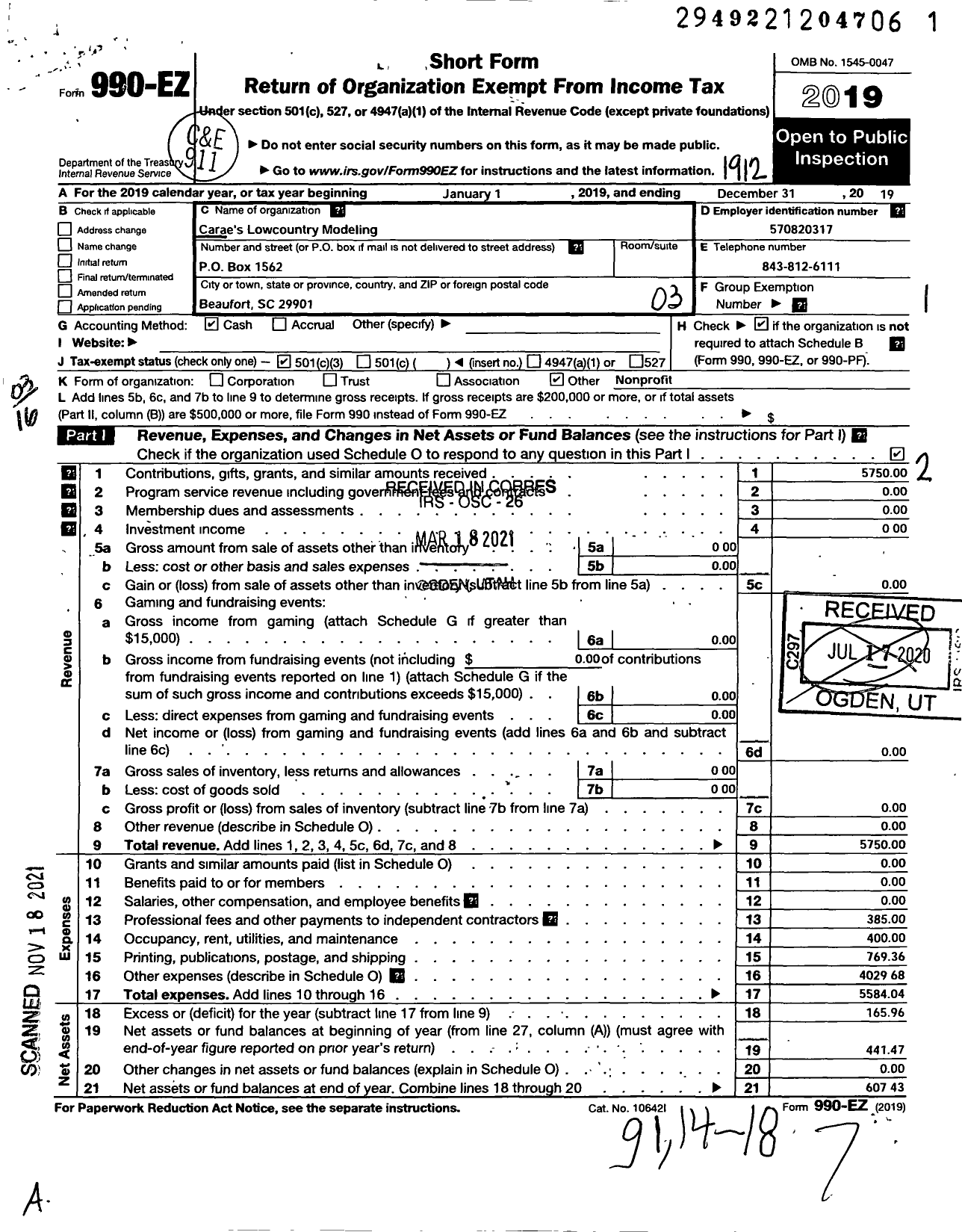 Image of first page of 2019 Form 990EZ for Caraes Lowcountry Modeling Guild