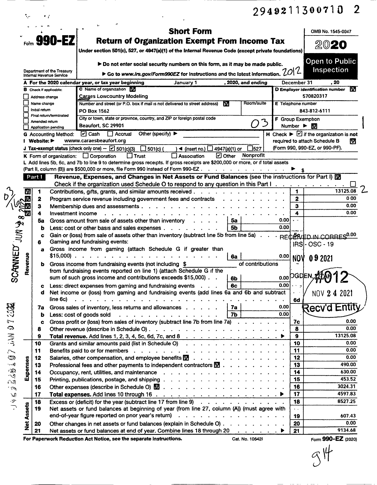 Image of first page of 2020 Form 990EZ for Caraes Lowcountry Modeling Guild