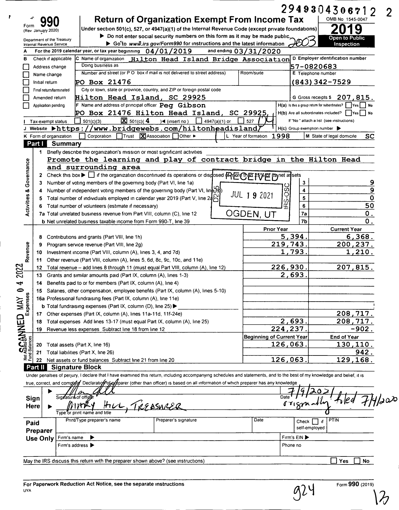 Image of first page of 2019 Form 990O for Hilton Head Island Bridge Association