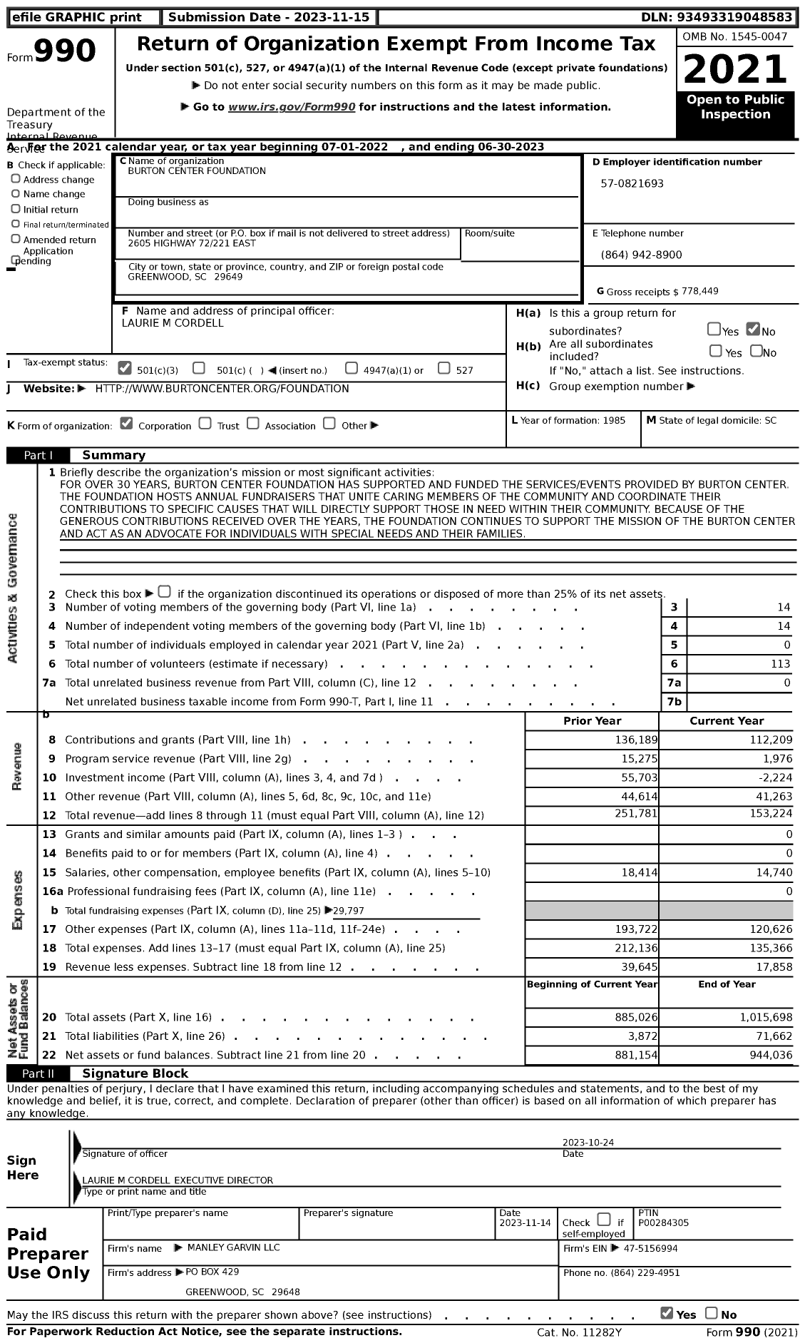 Image of first page of 2022 Form 990 for Burton Center Foundation