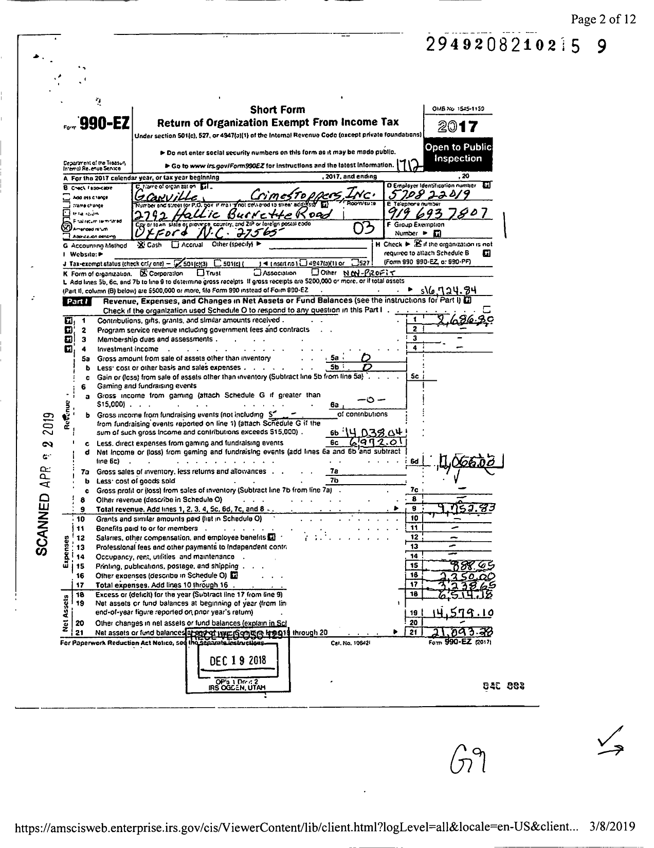 Image of first page of 2017 Form 990EZ for Granville County Crime Stoppers