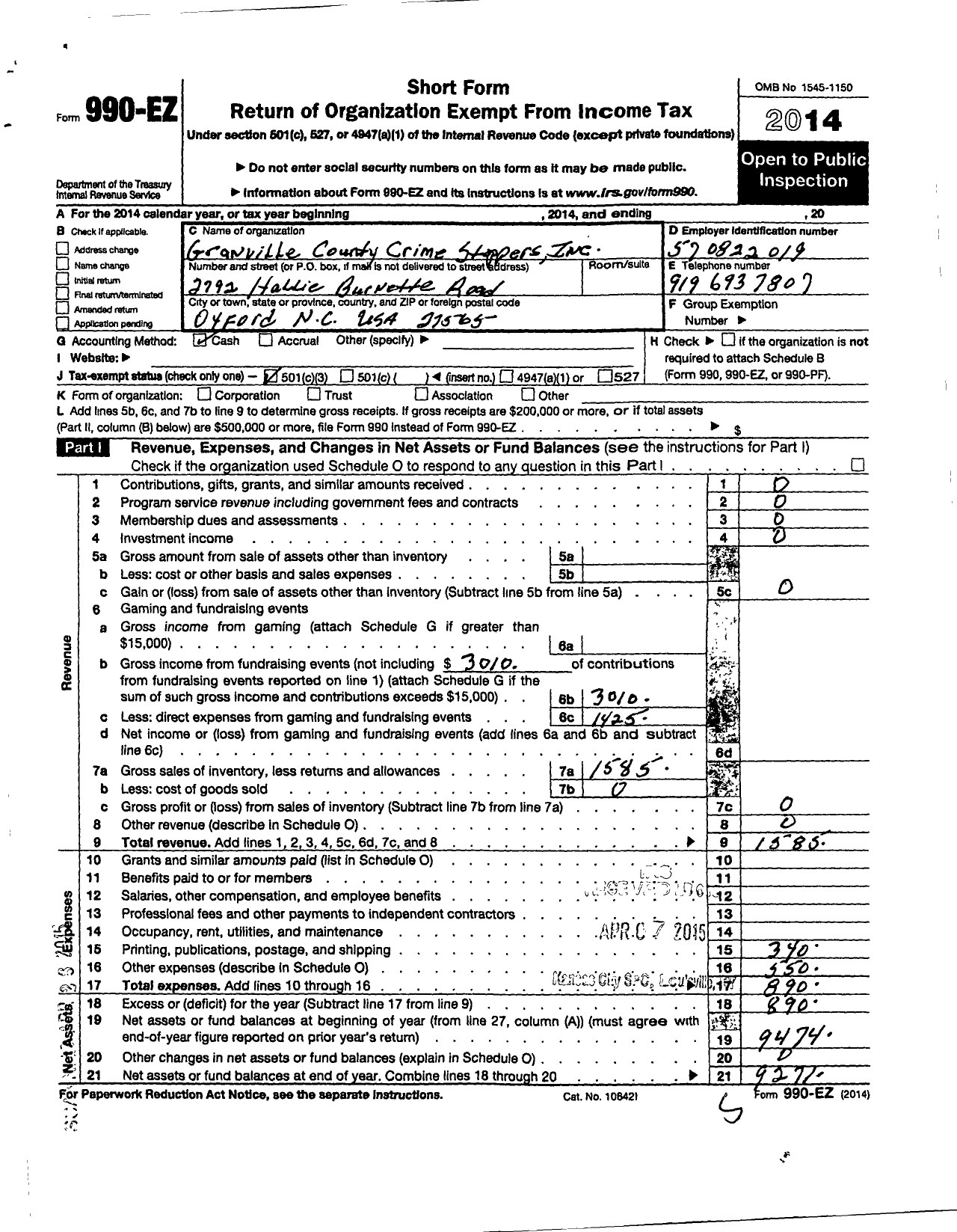 Image of first page of 2014 Form 990EZ for Granville County Crime Stoppers