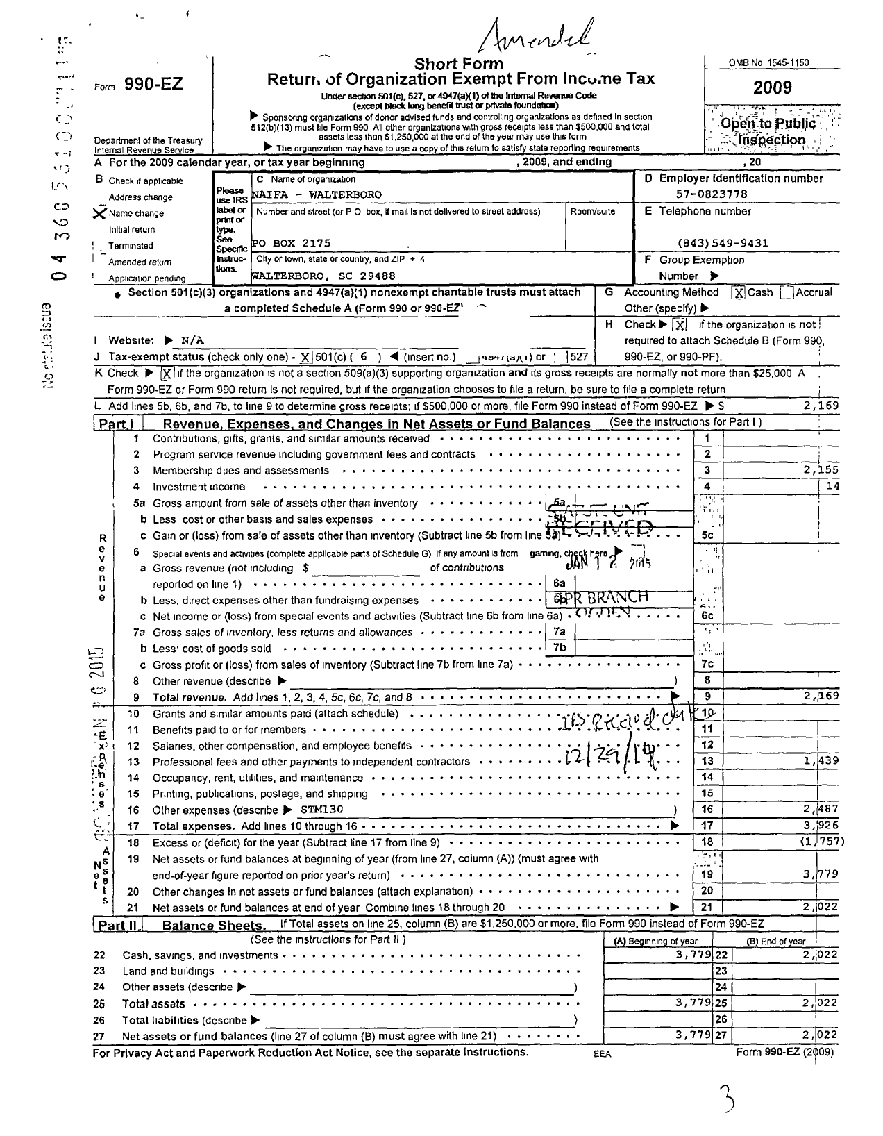 Image of first page of 2009 Form 990EO for Naifa-Walterboro