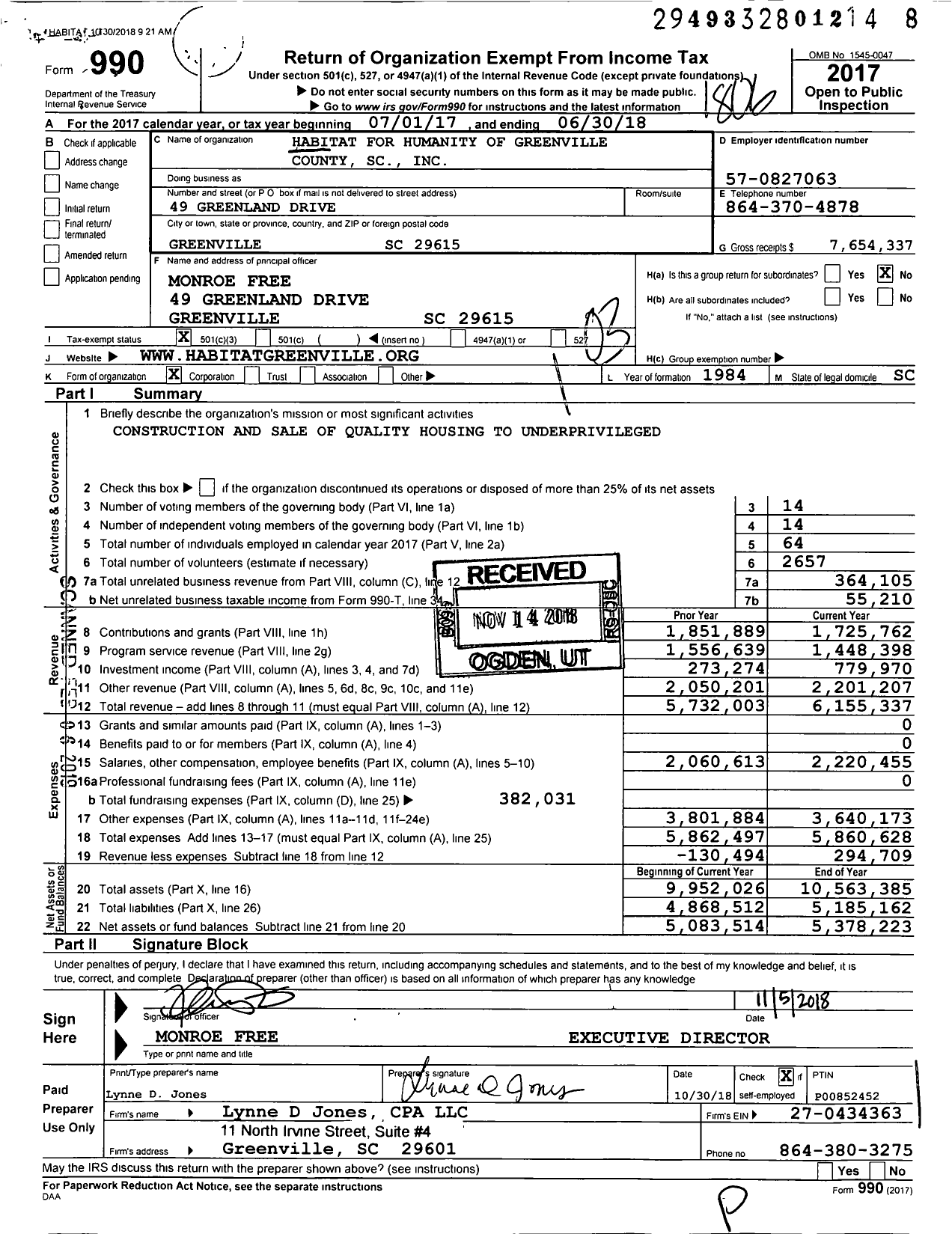 Image of first page of 2017 Form 990 for Habitat for Humanity of Greenville County SC