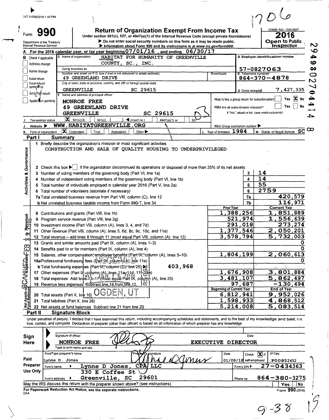 Image of first page of 2016 Form 990 for Habitat for Humanity of Greenville County SC