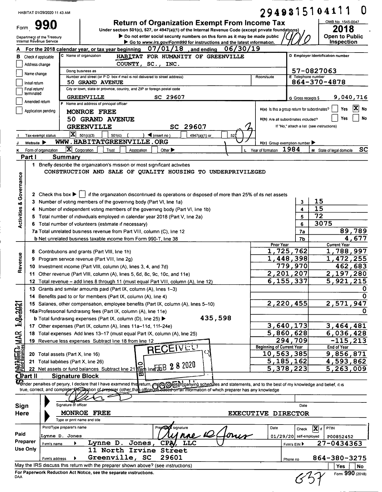 Image of first page of 2018 Form 990 for Habitat for Humanity of Greenville County SC