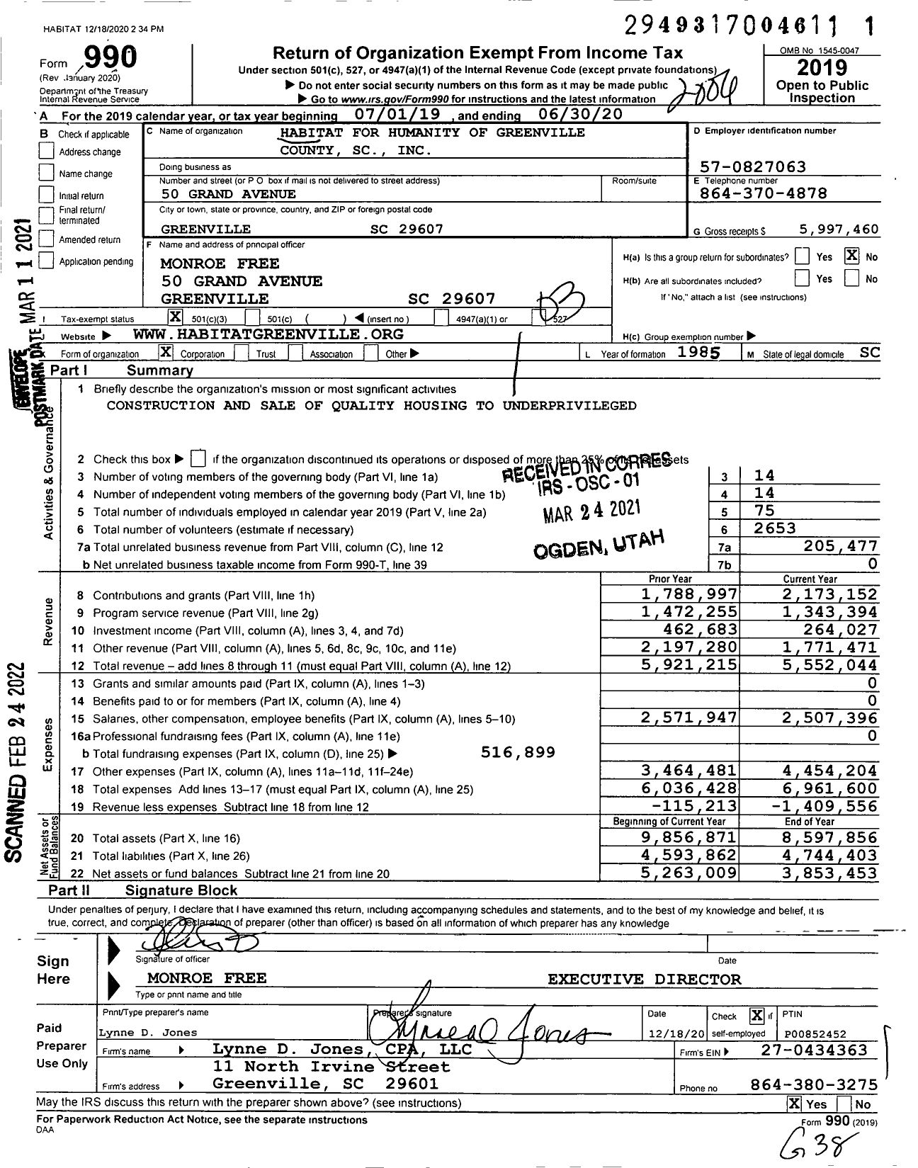 Image of first page of 2019 Form 990 for Habitat for Humanity of Greenville County SC