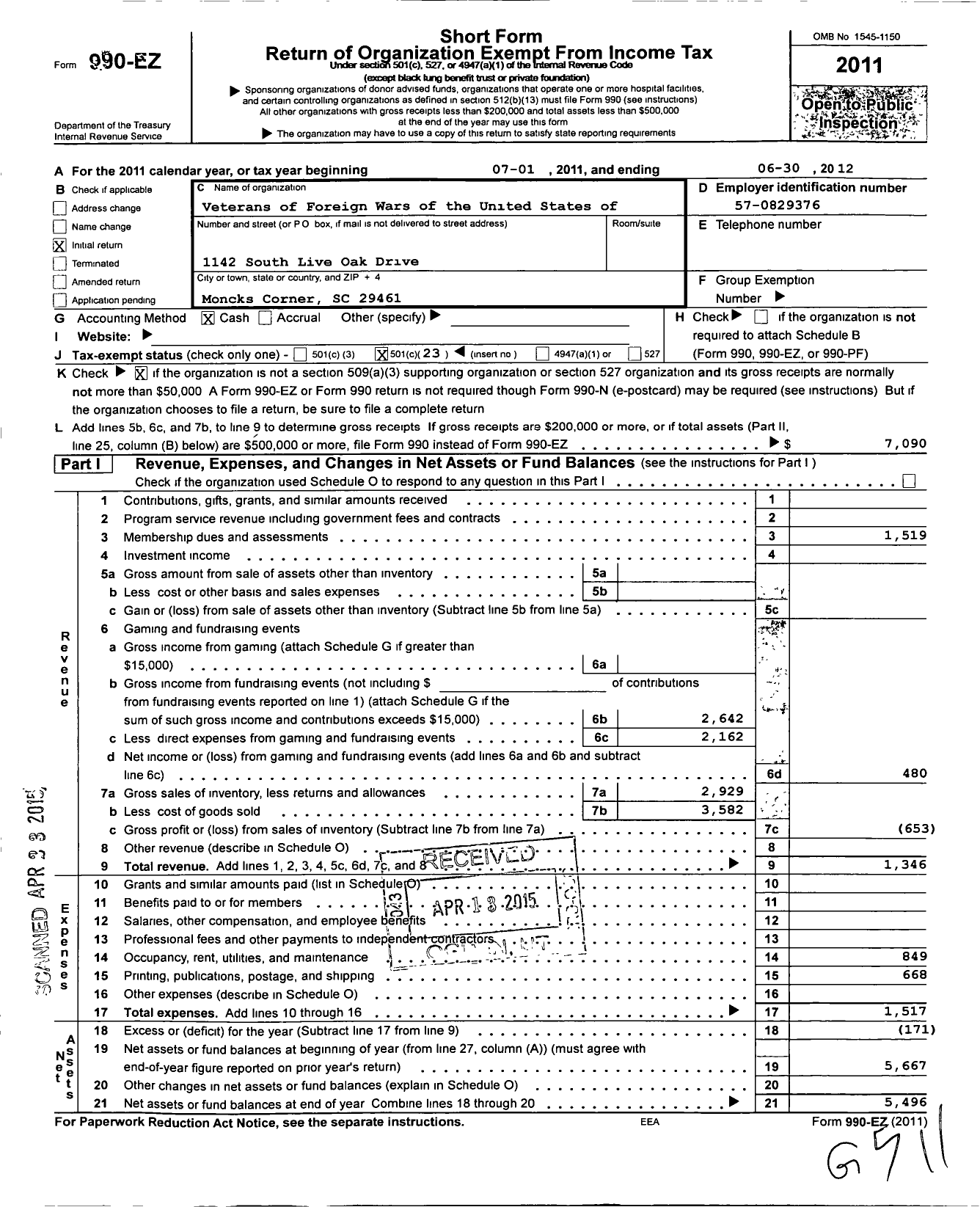 Image of first page of 2011 Form 990EO for VFW Auxiliary VFW Department of S C - 9509 John M Dangerfield Auxiliary Post