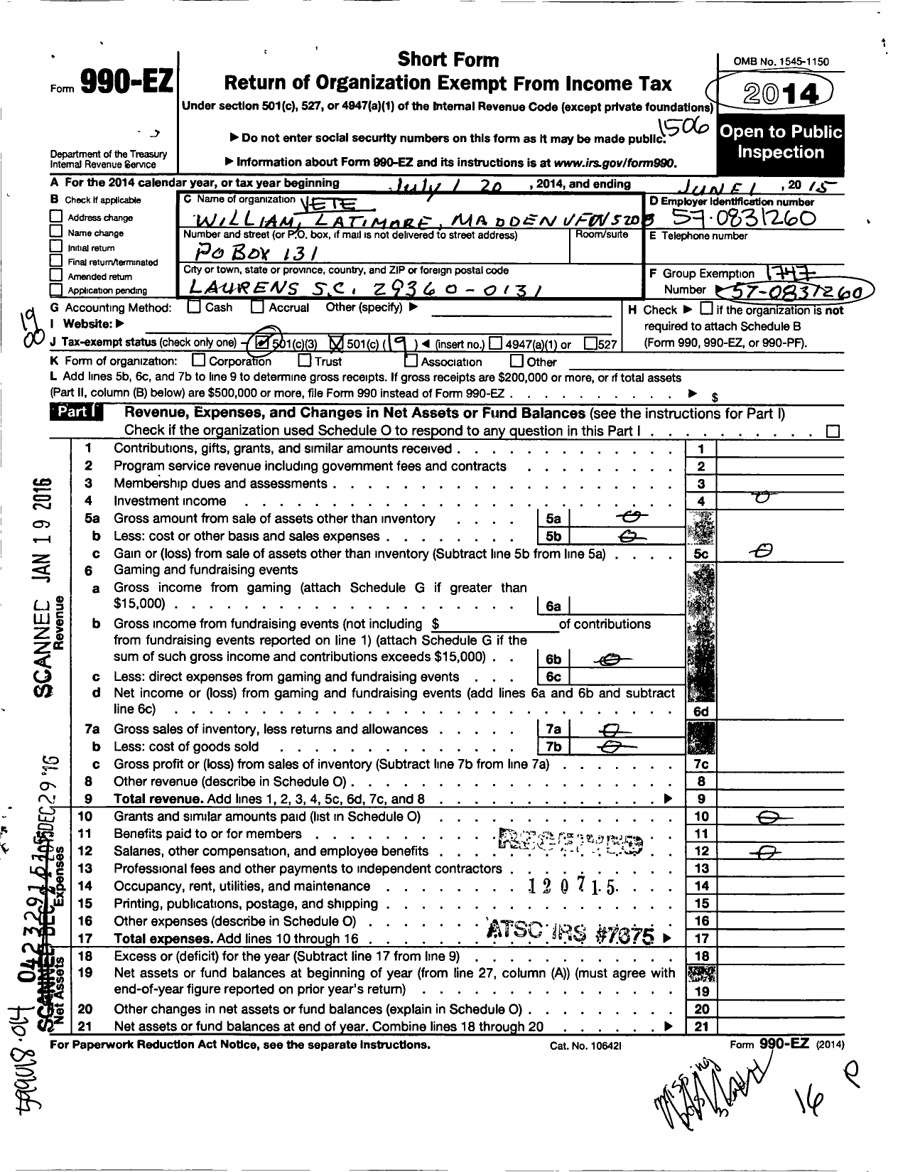 Image of first page of 2014 Form 990EO for Veterans of Foreign Wars of the United States Dept of So Carolina - 5208 William Latimore Madden Post