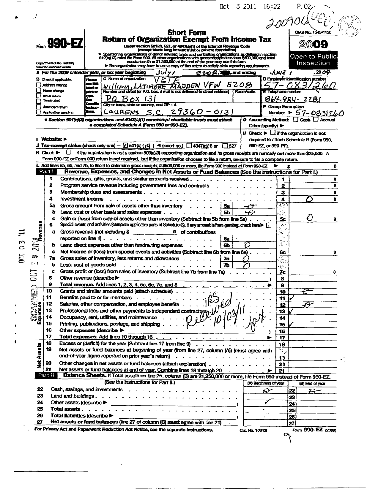 Image of first page of 2008 Form 990EO for Veterans of Foreign Wars of the United States Dept of So Carolina - 5208 William Latimore Madden Post